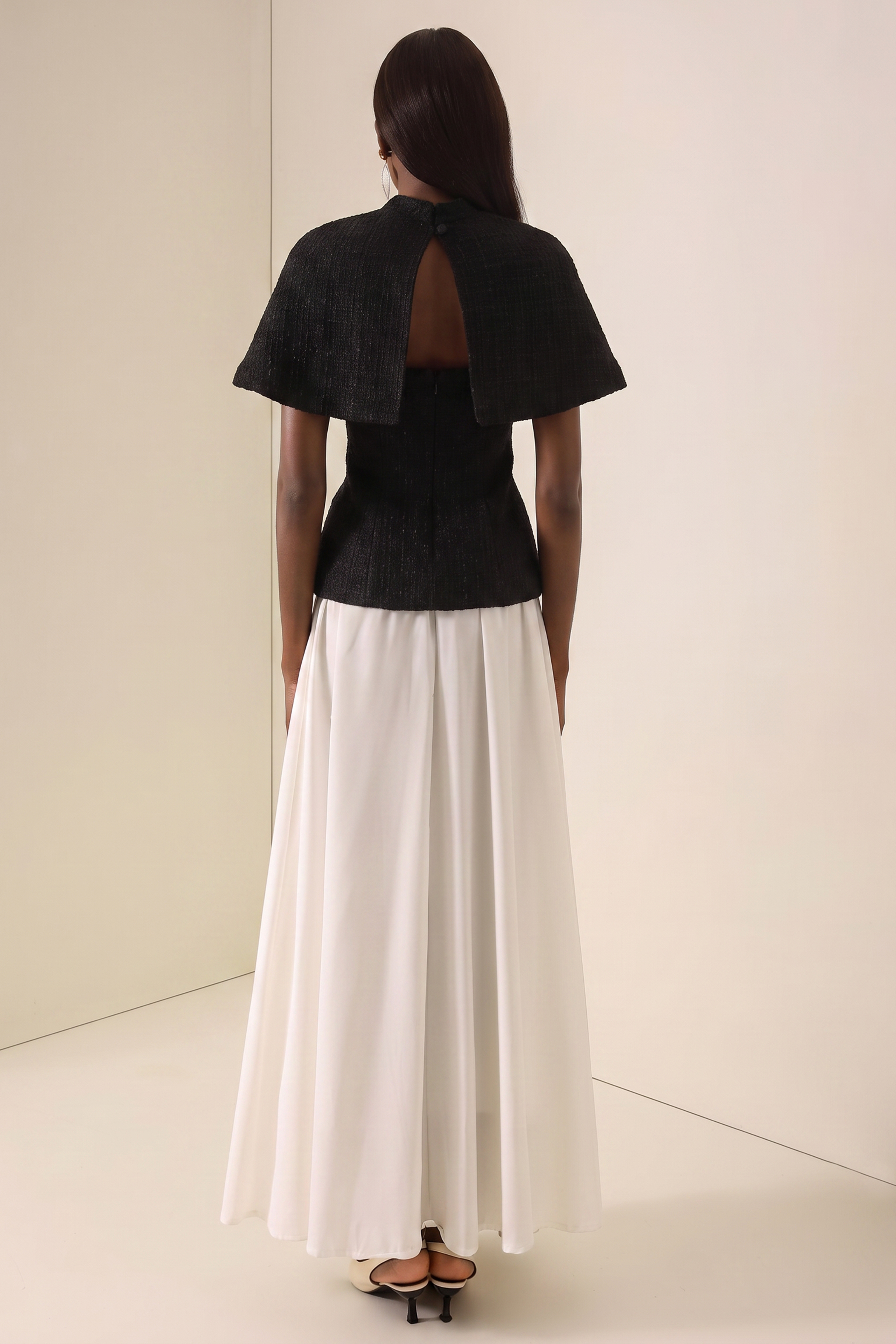 Tweed High Neck Strapless Top With Cape & High Waist Midi Skirt Set