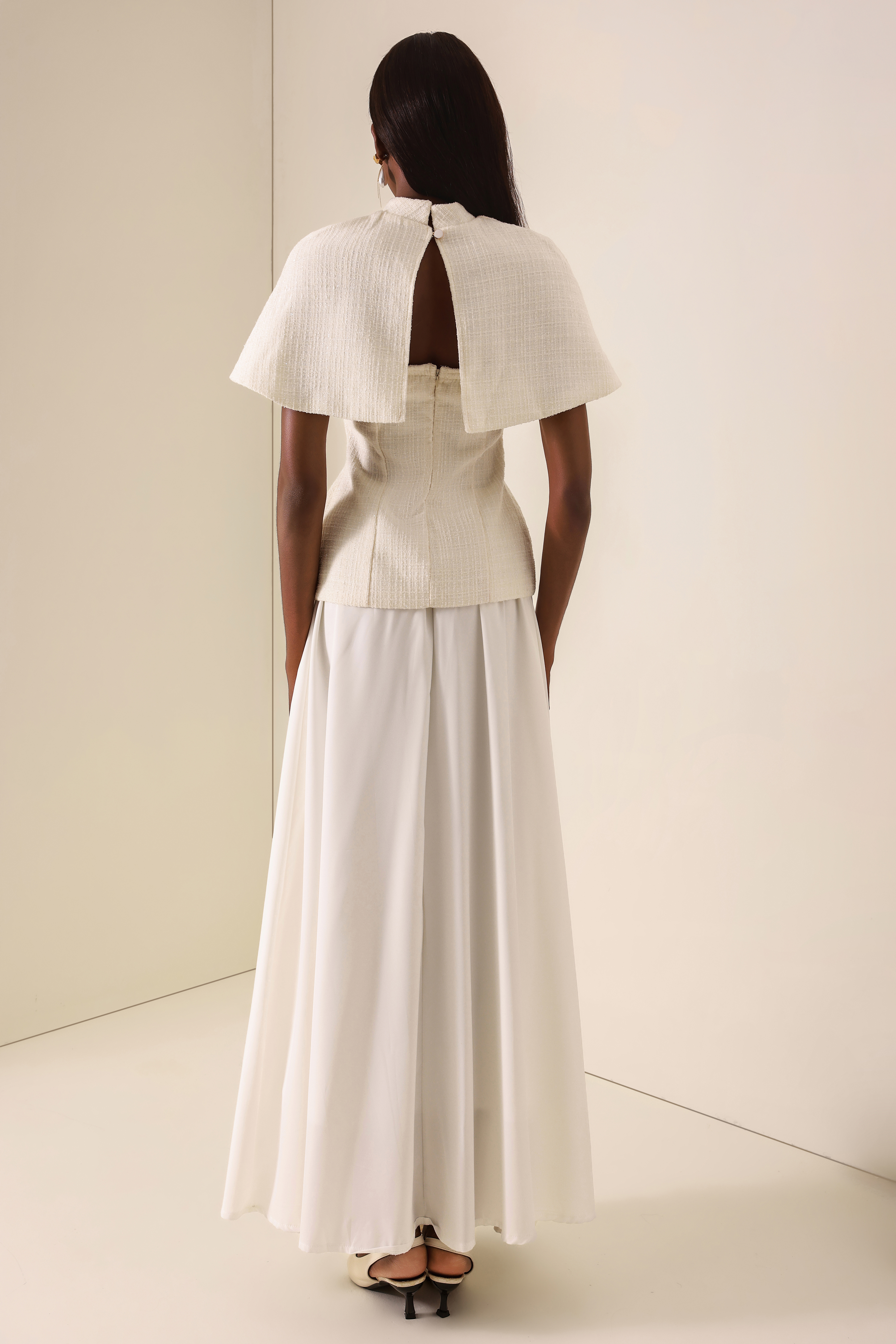 Tweed High Neck Strapless Top With Cape & High Waist Midi Skirt Set