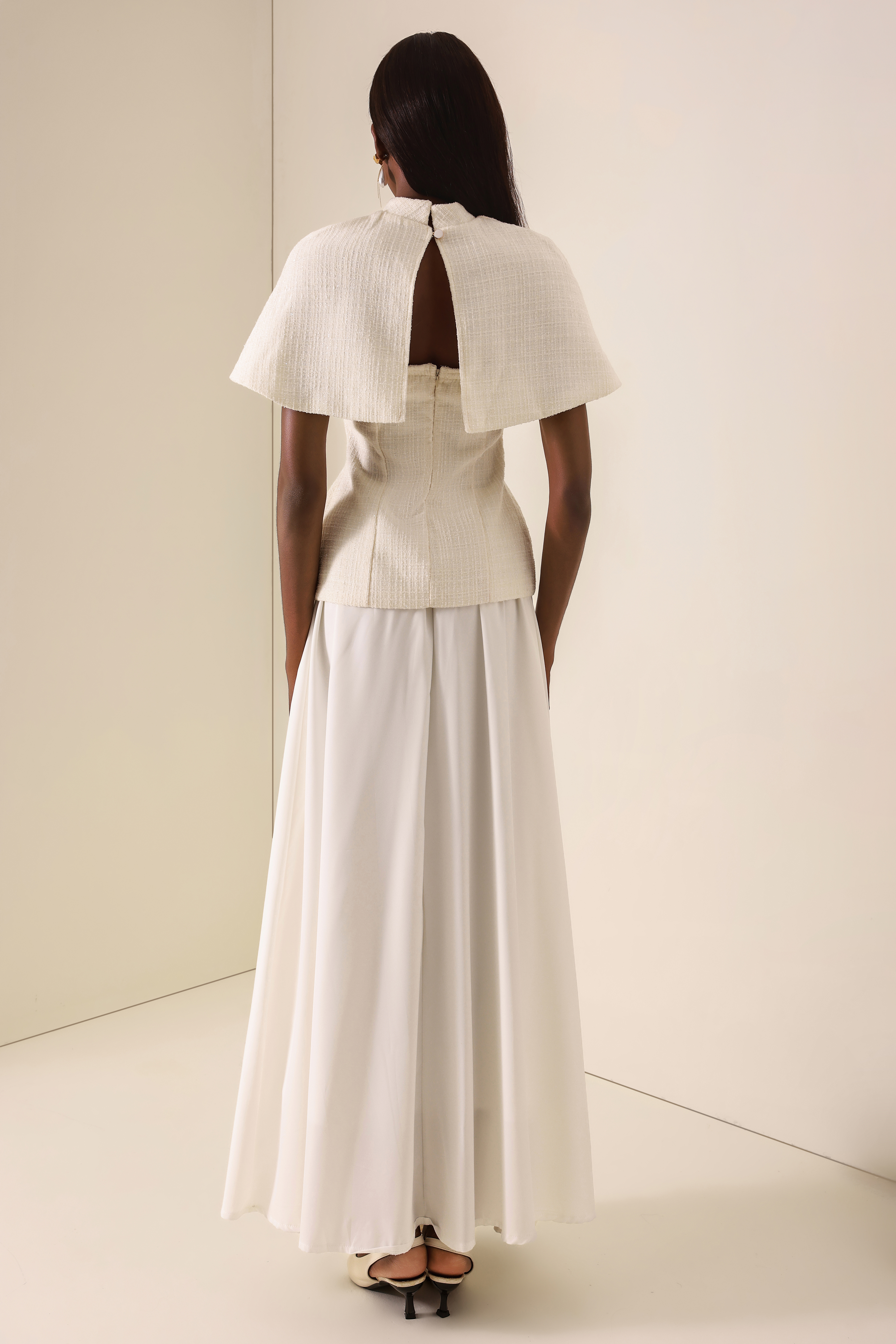 Tweed High Neck Strapless Top With Cape & High Waist Midi Skirt Set