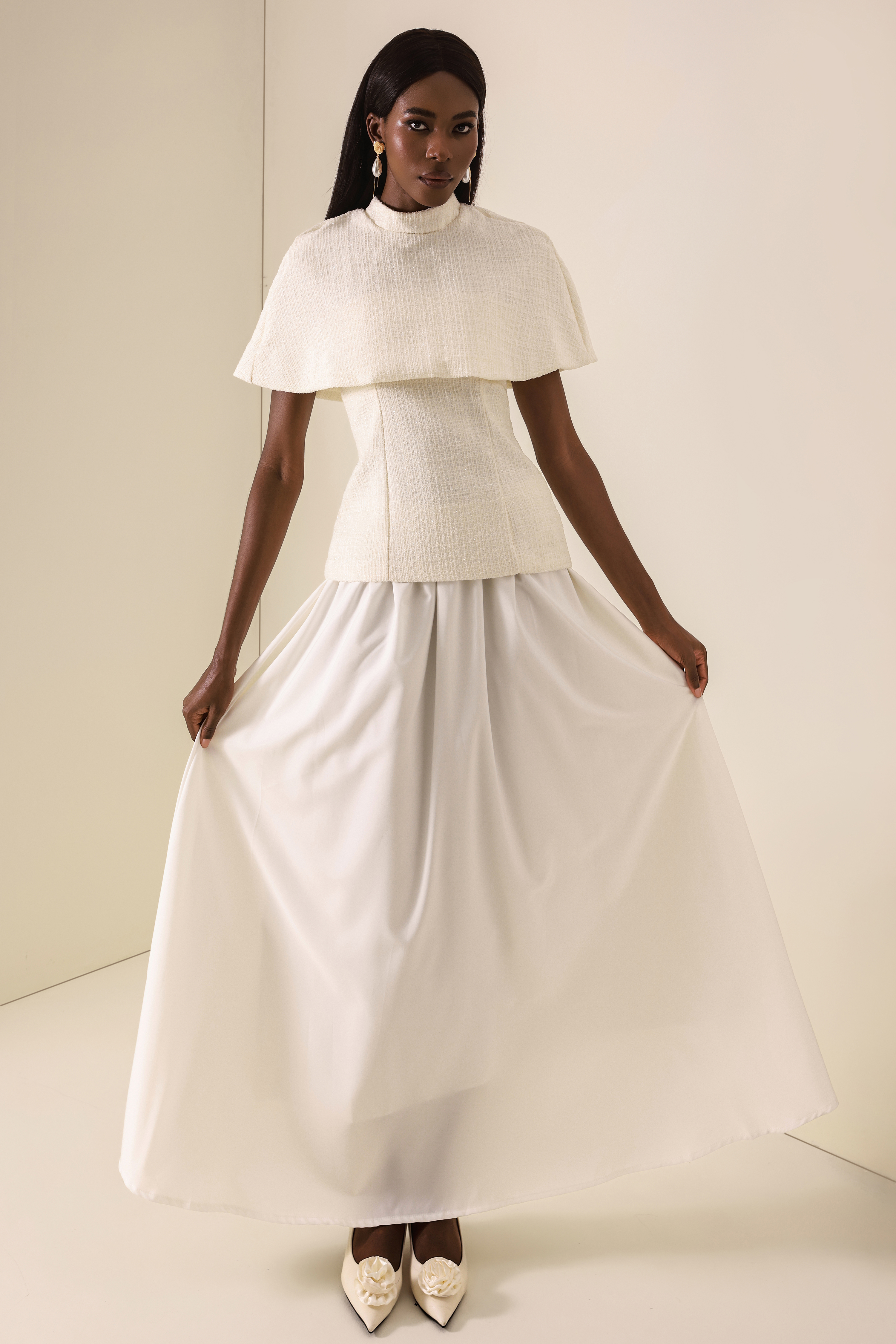 Tweed High Neck Strapless Top With Cape & High Waist Midi Skirt Set