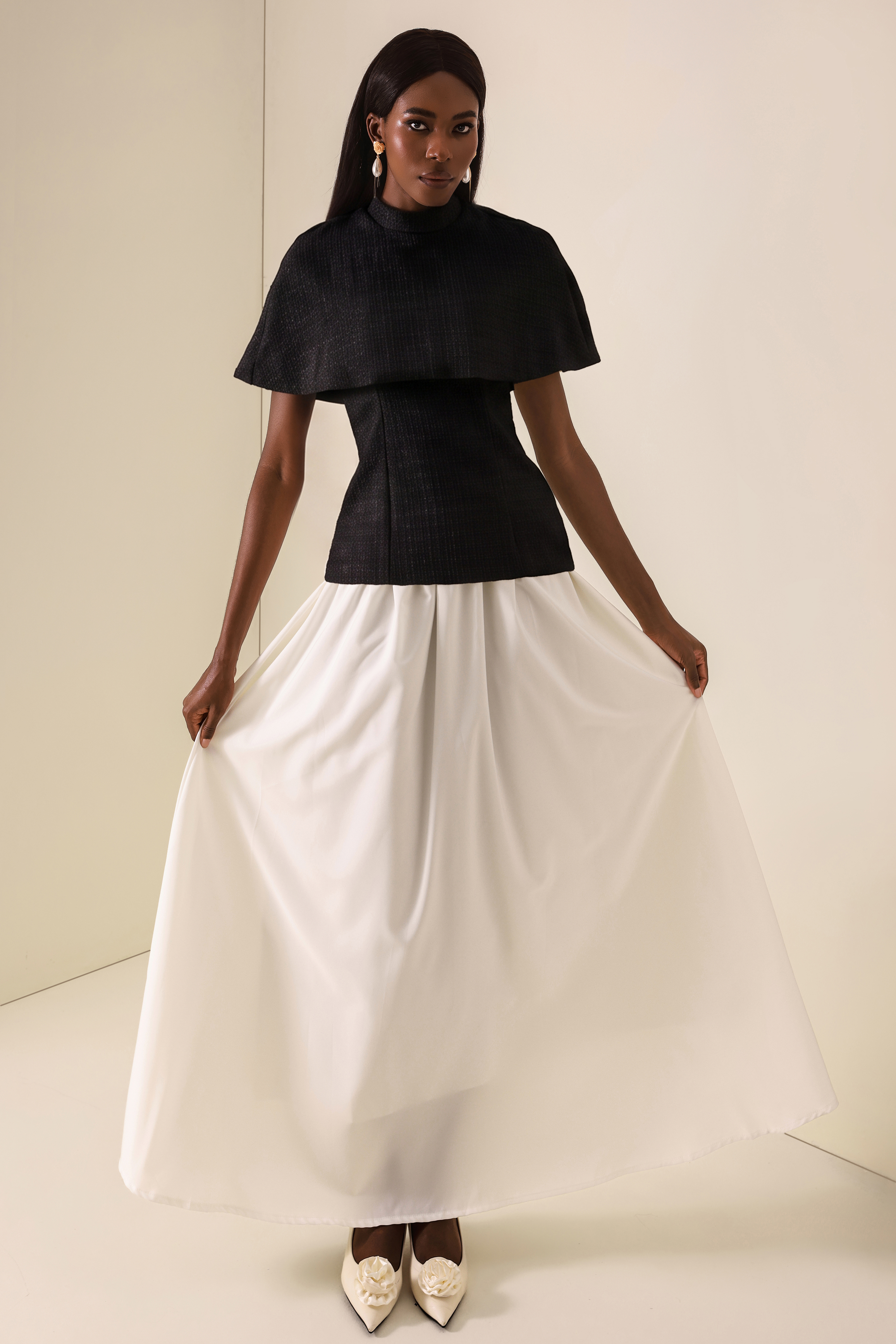 Tweed High Neck Strapless Top With Cape & High Waist Midi Skirt Set