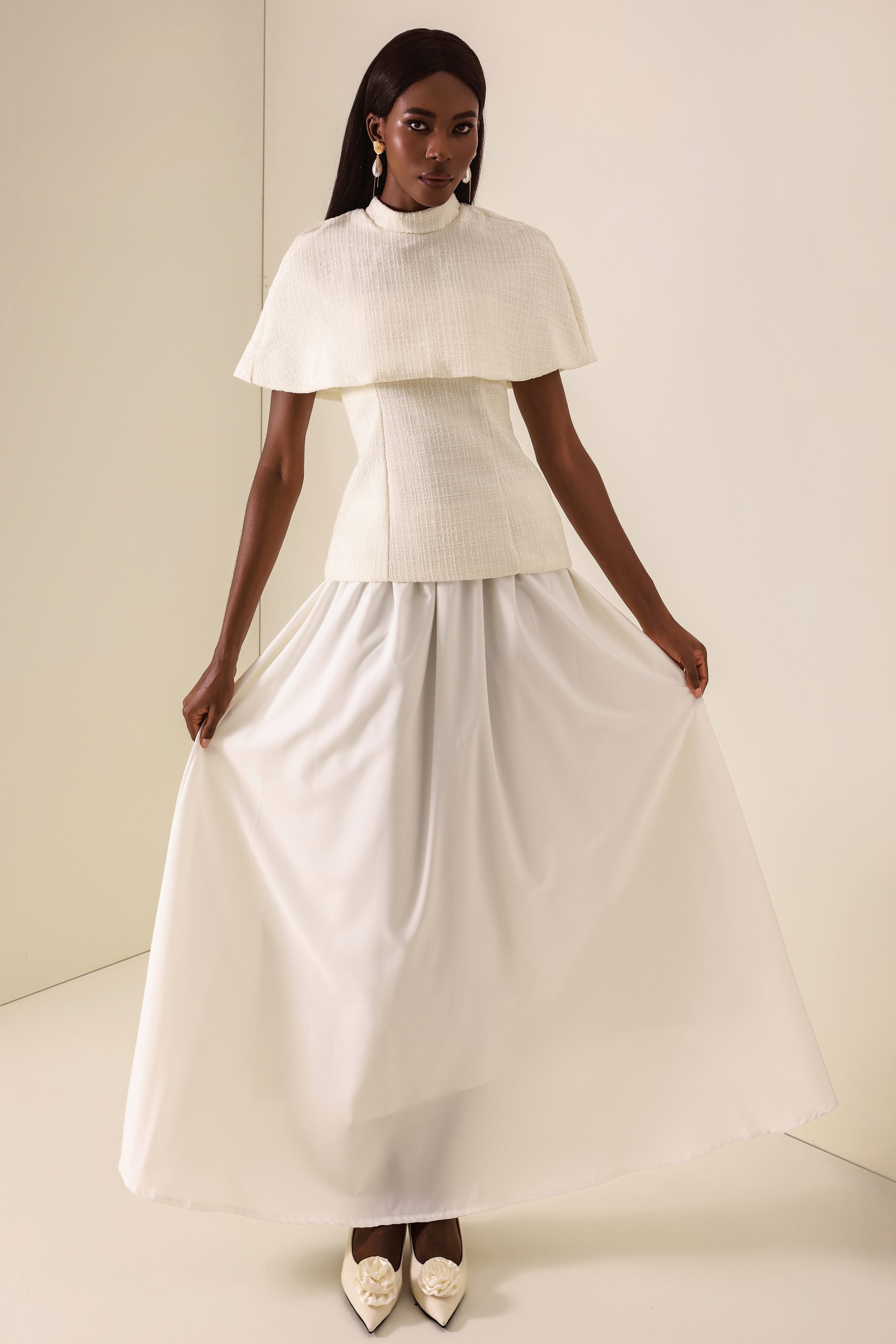 Tweed High Neck Strapless Top With Cape & High Waist Midi Skirt Set