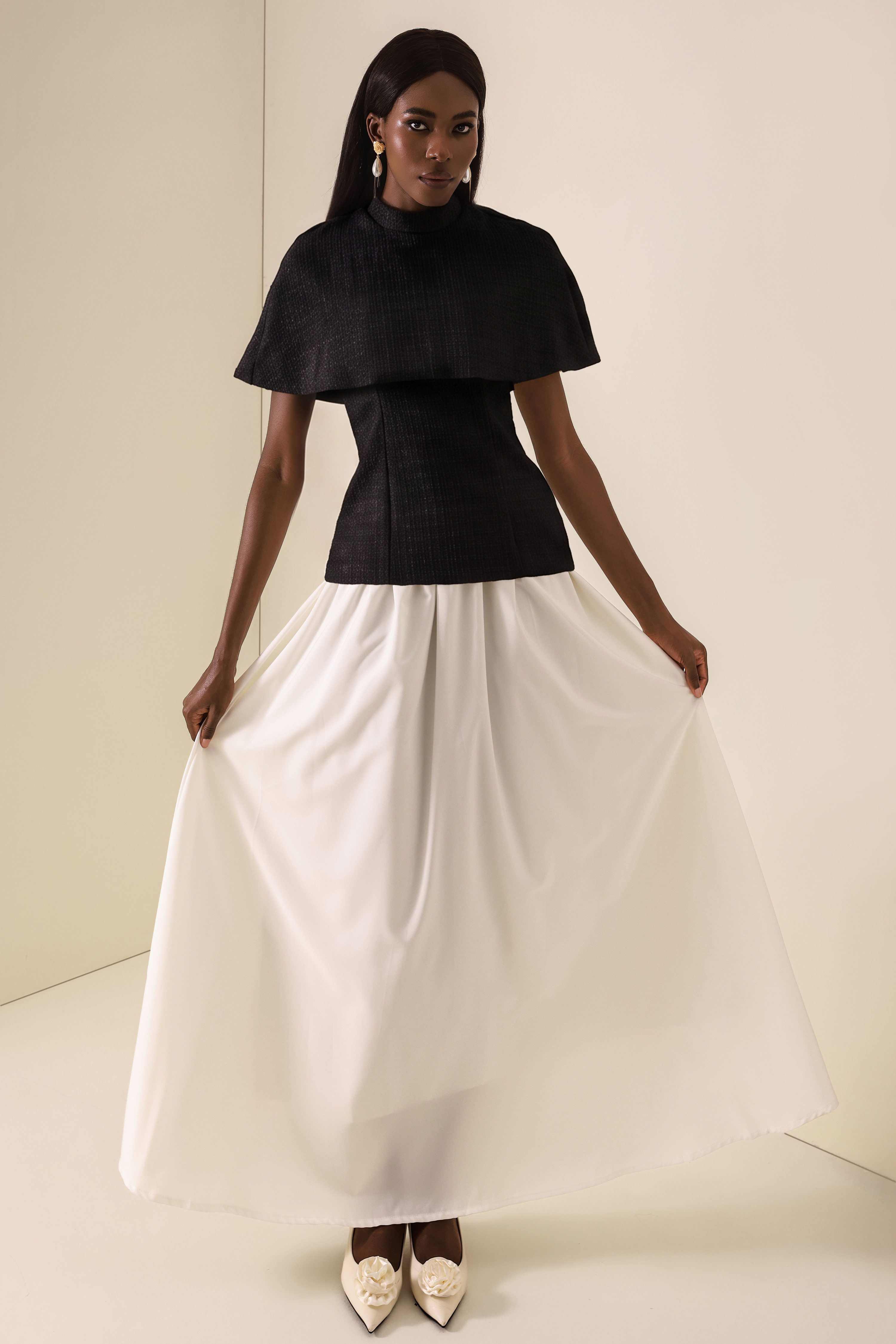 Tweed High Neck Strapless Top With Cape & High Waist Midi Skirt Set