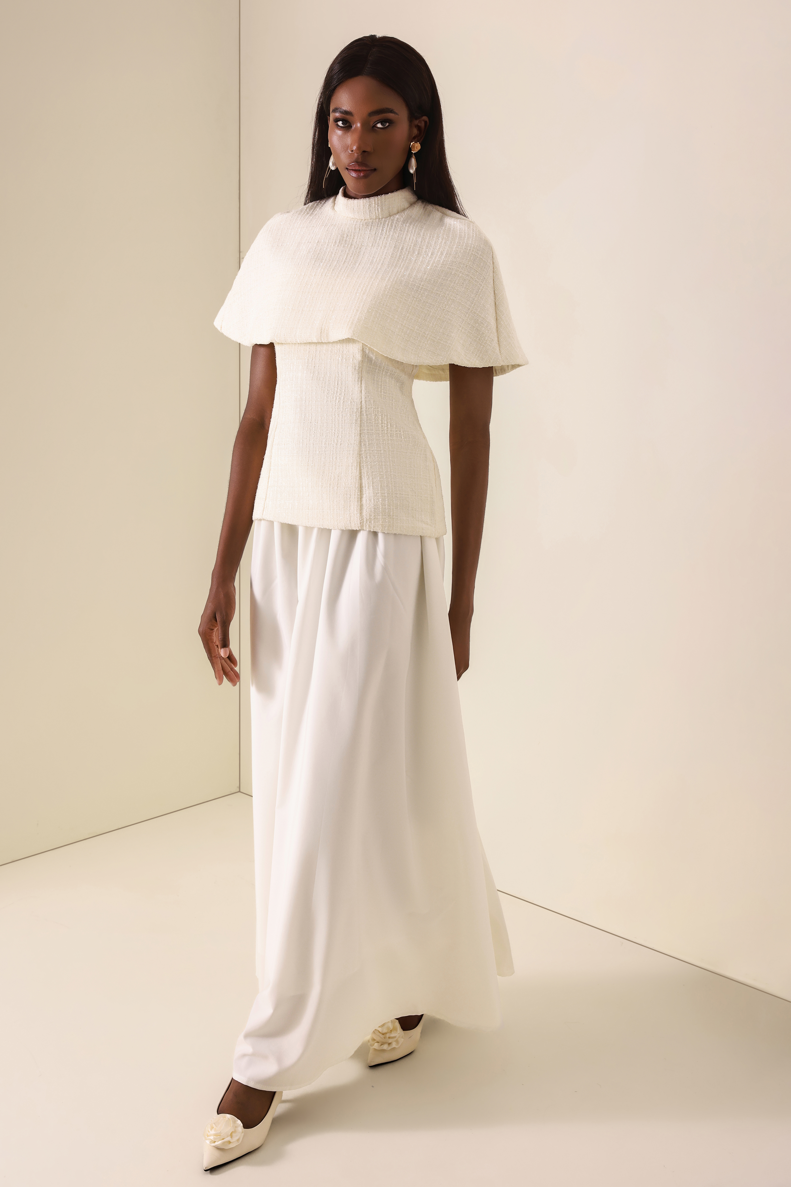 Tweed High Neck Strapless Top With Cape & High Waist Midi Skirt Set