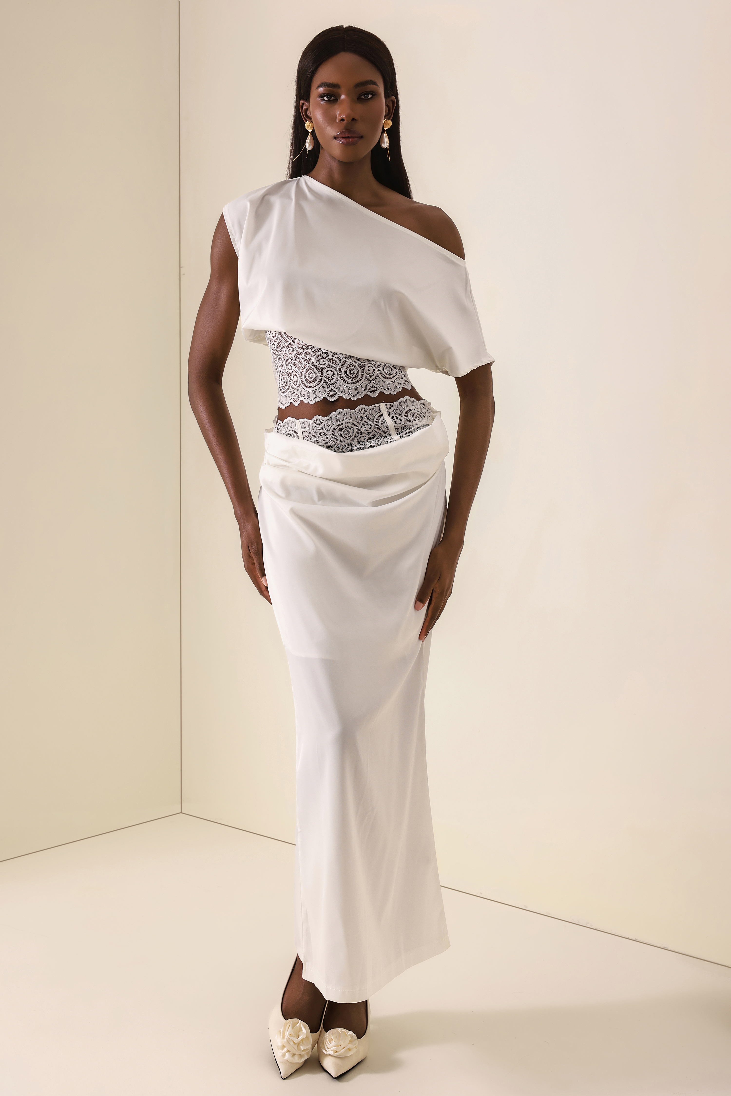 Skew Collar Lace Top & High Waist Midi Skirt Set