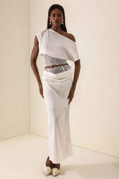 Skew Collar Lace Top & High Waist Midi Skirt Set