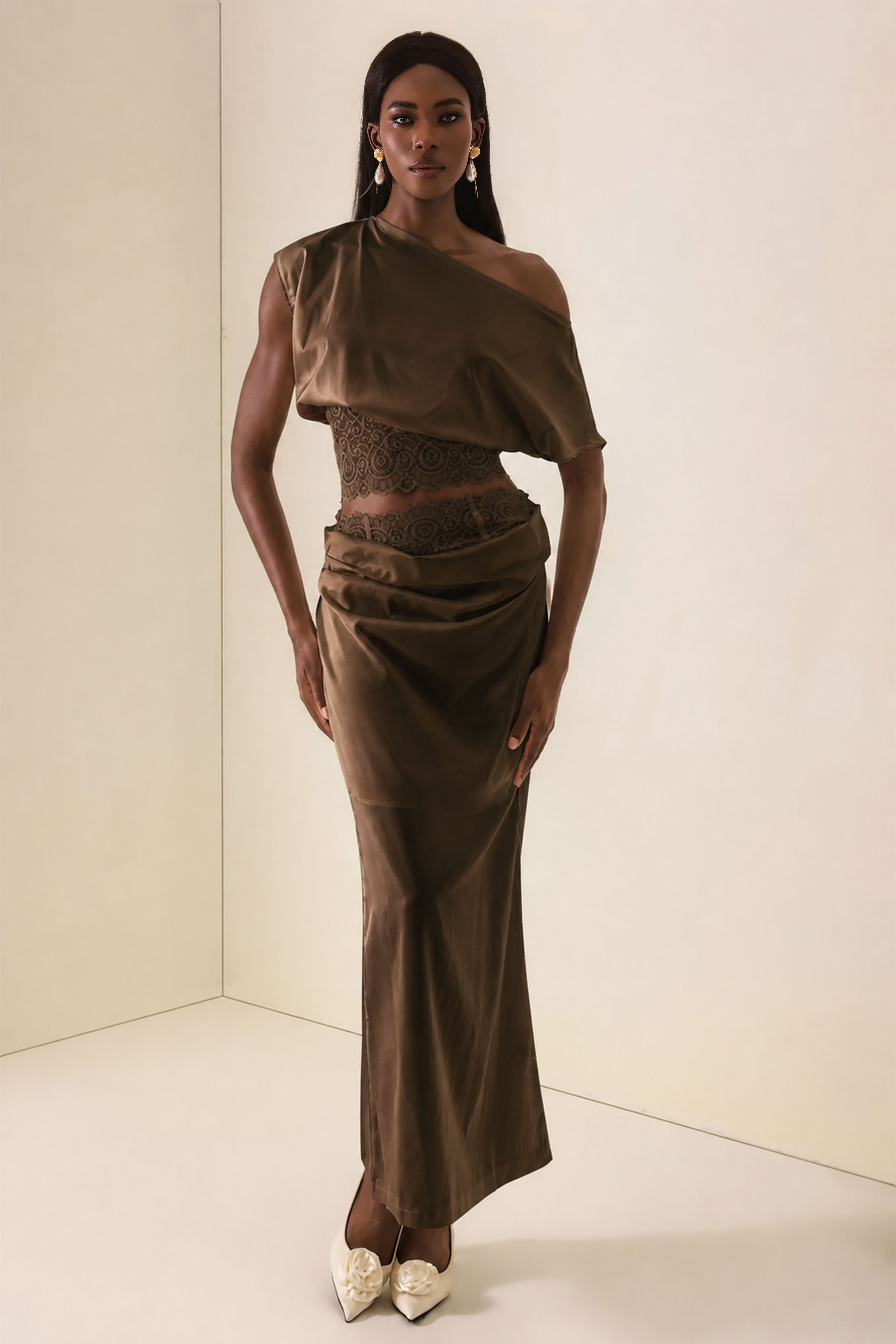 Skew Collar Lace Top & High Waist Midi Skirt Set