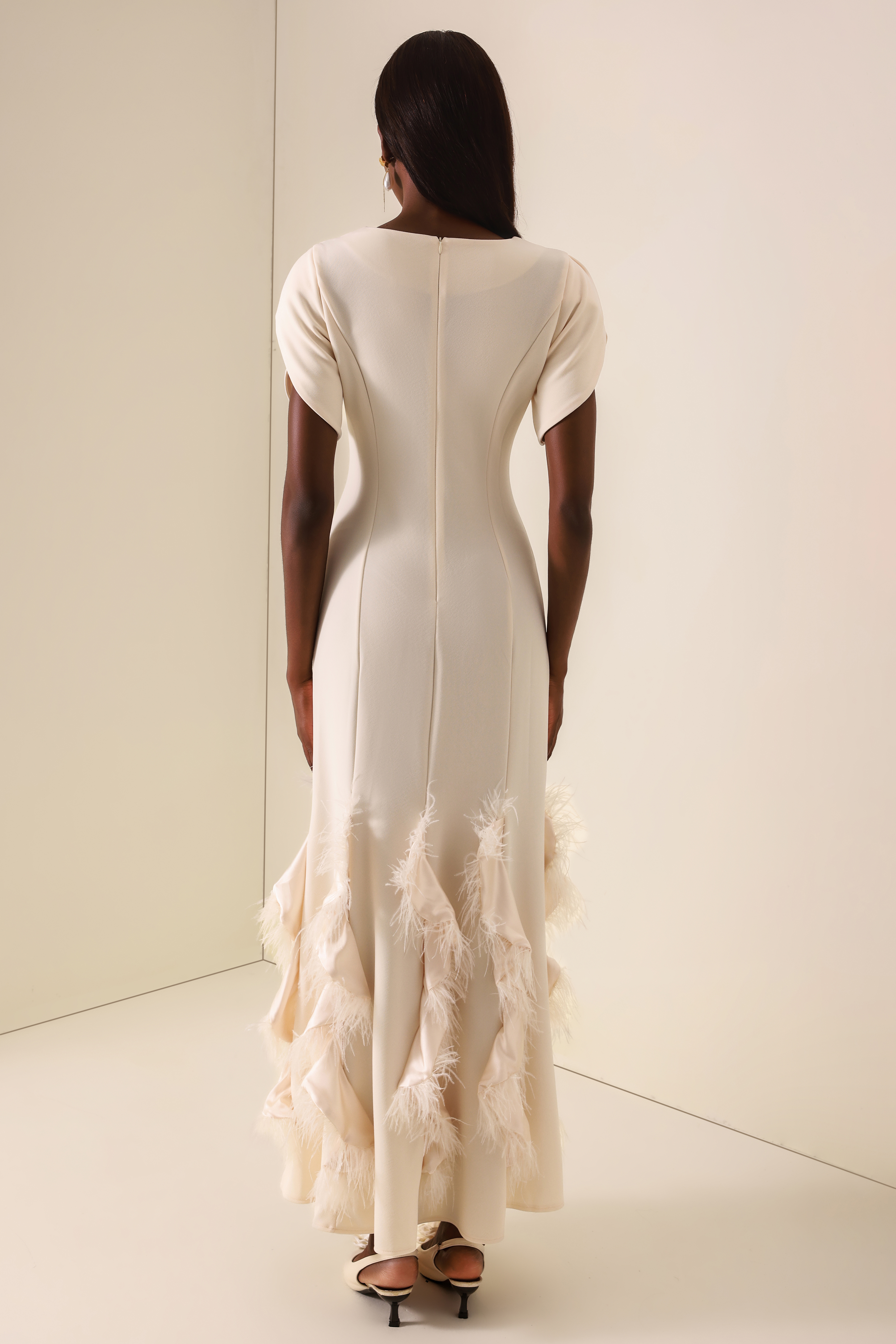 Feather Solid Ruffle Maxi Dress