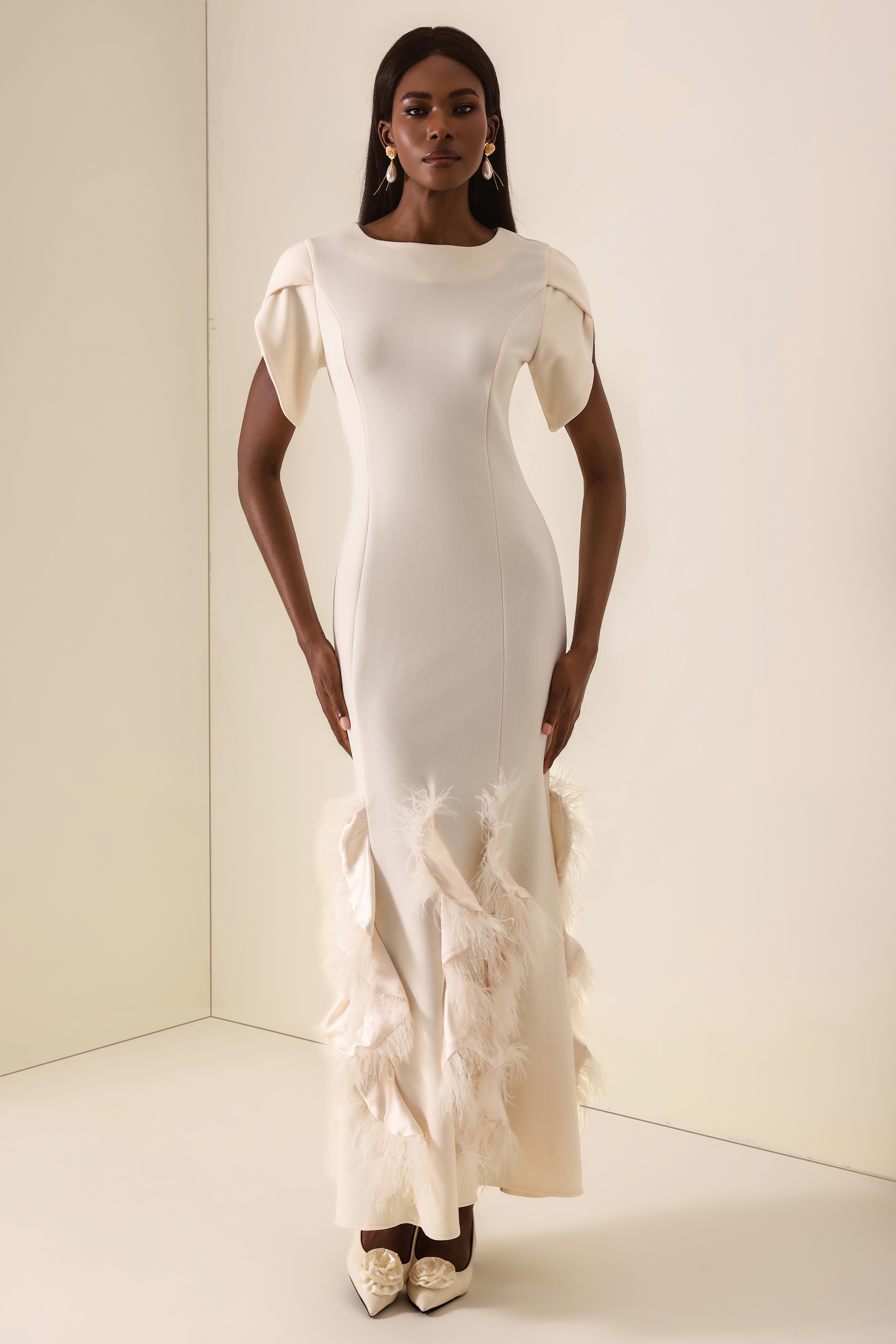 Feather Solid Ruffle Maxi Dress
