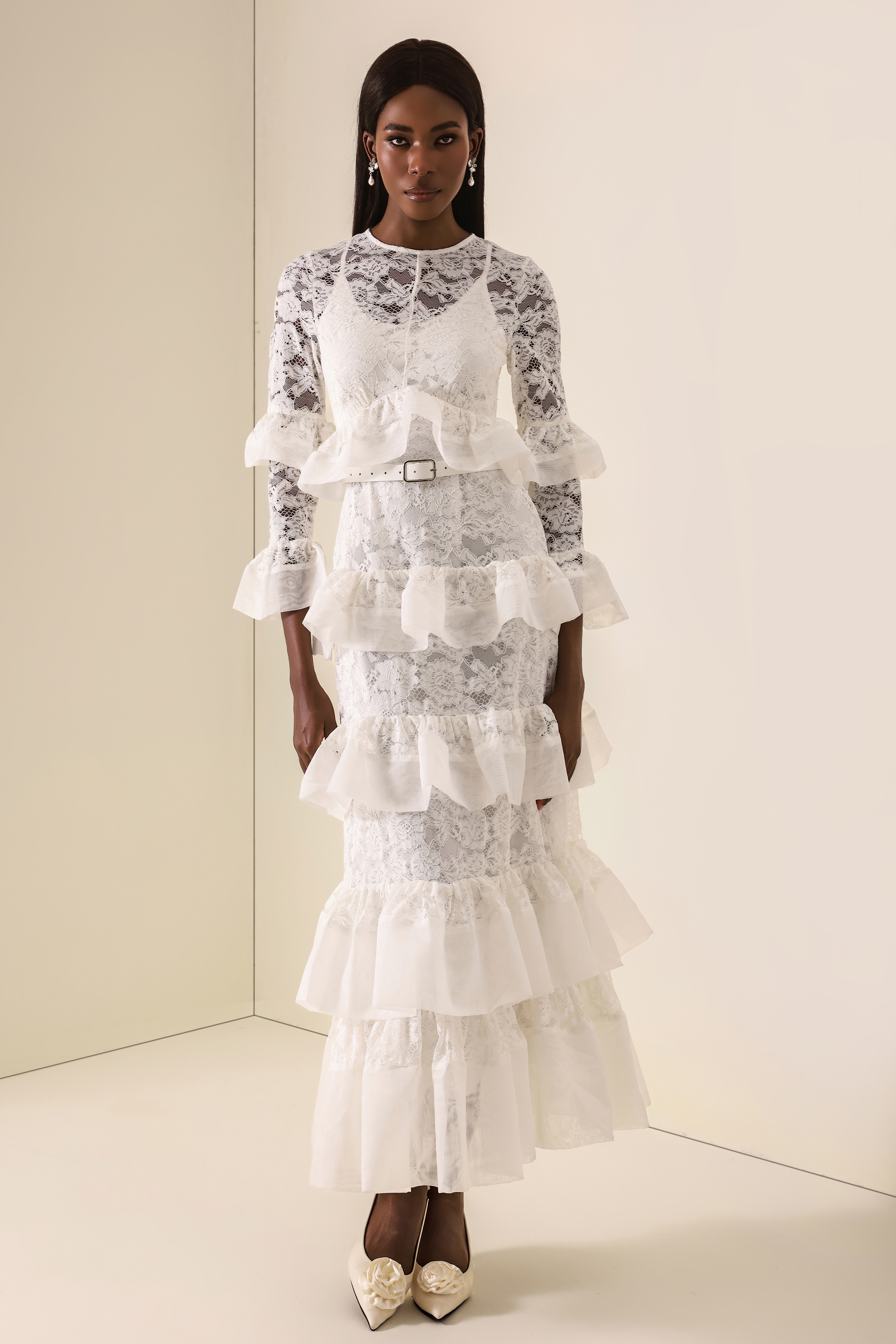 Lace Multi Ruffle Midi Dress