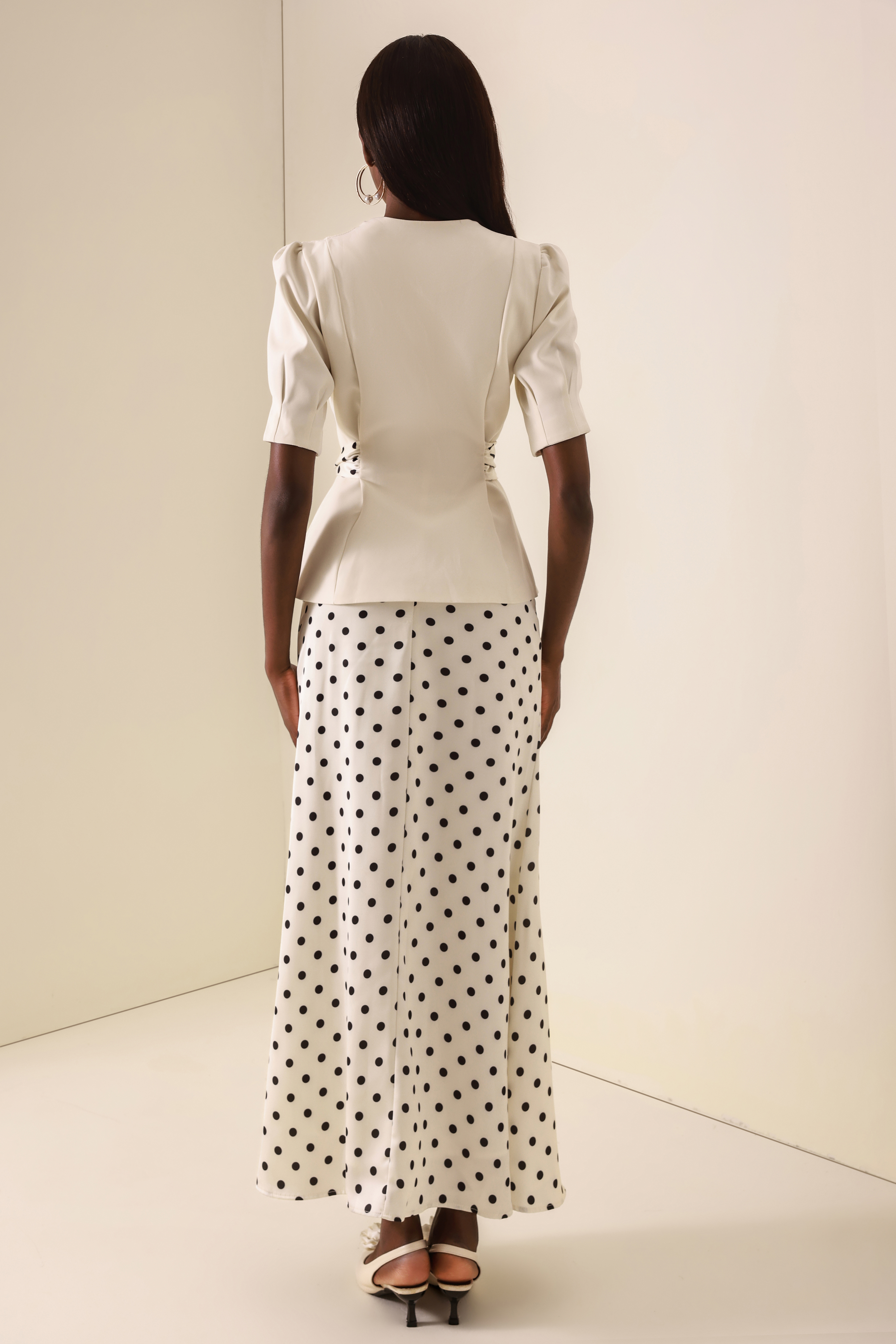 Polka Dot Lace-Up Top & High Waist Maxi Skirt Set
