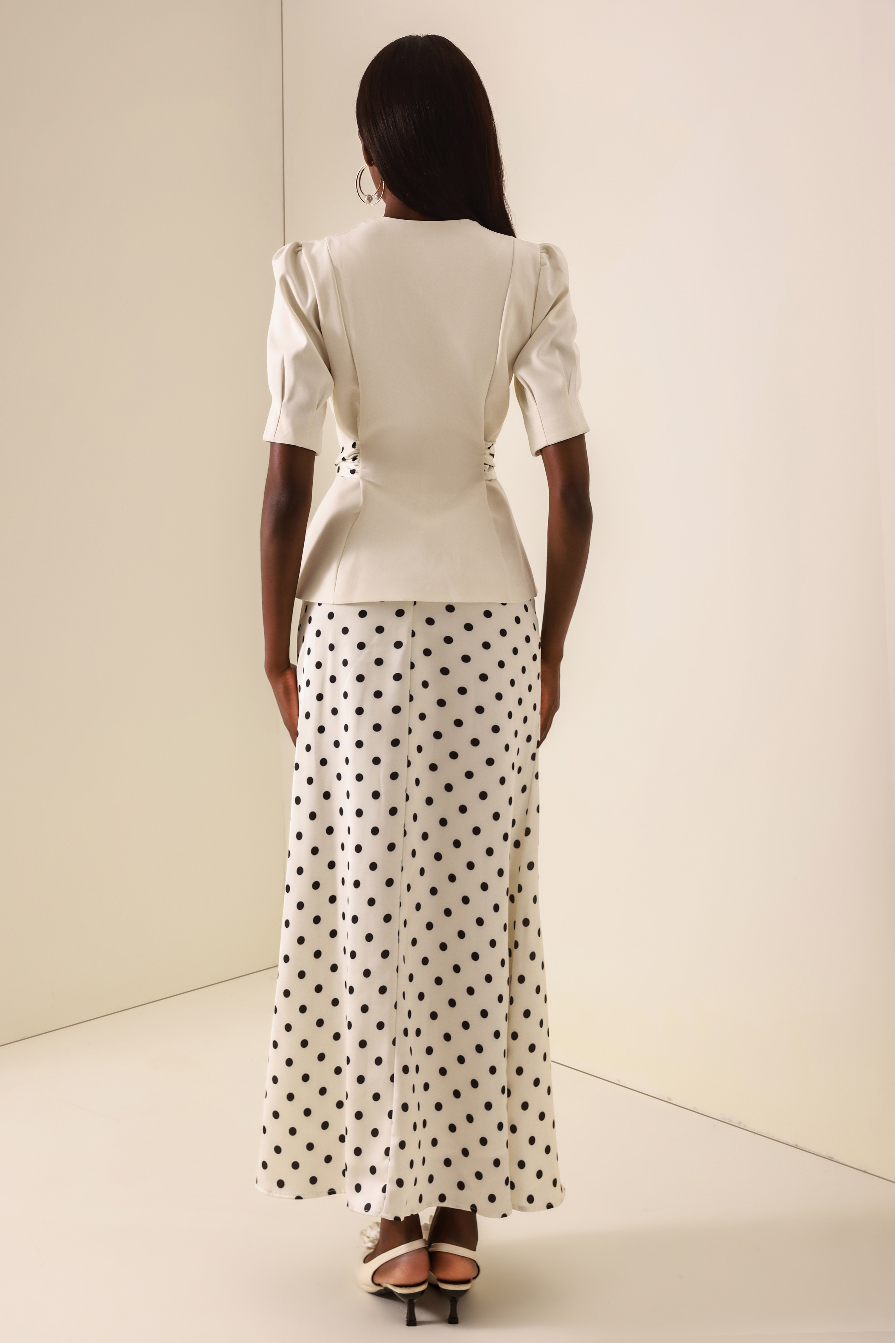 Polka Dot Lace-Up Top & High Waist Maxi Skirt Set
