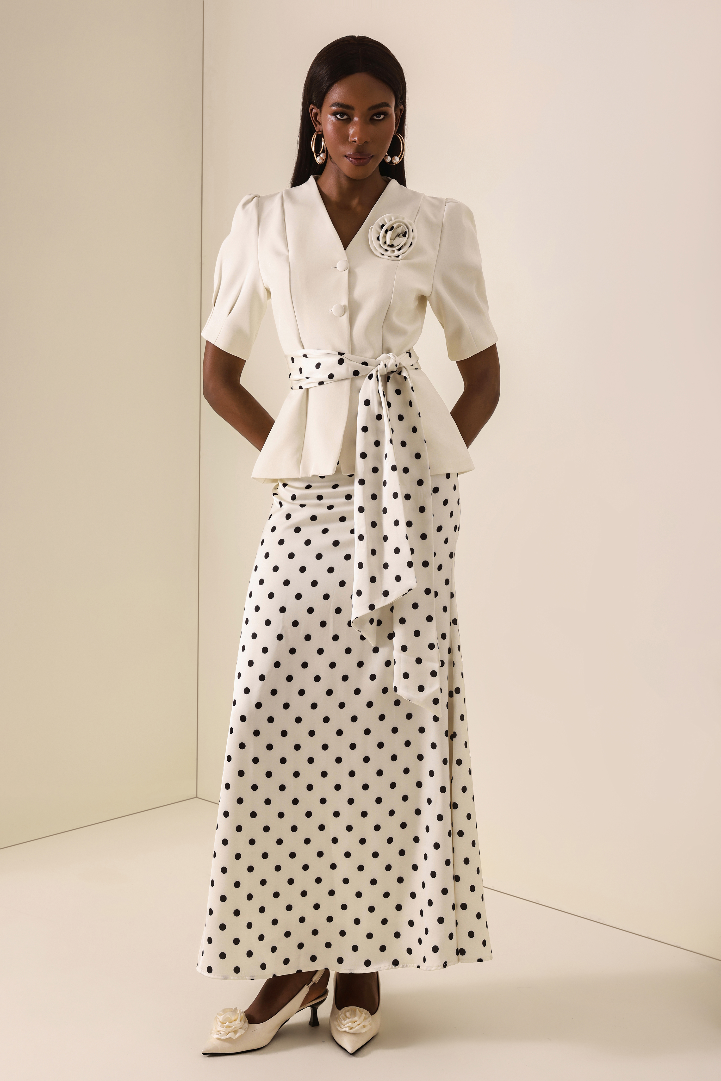 Polka Dot Lace-Up Top & High Waist Maxi Skirt Set