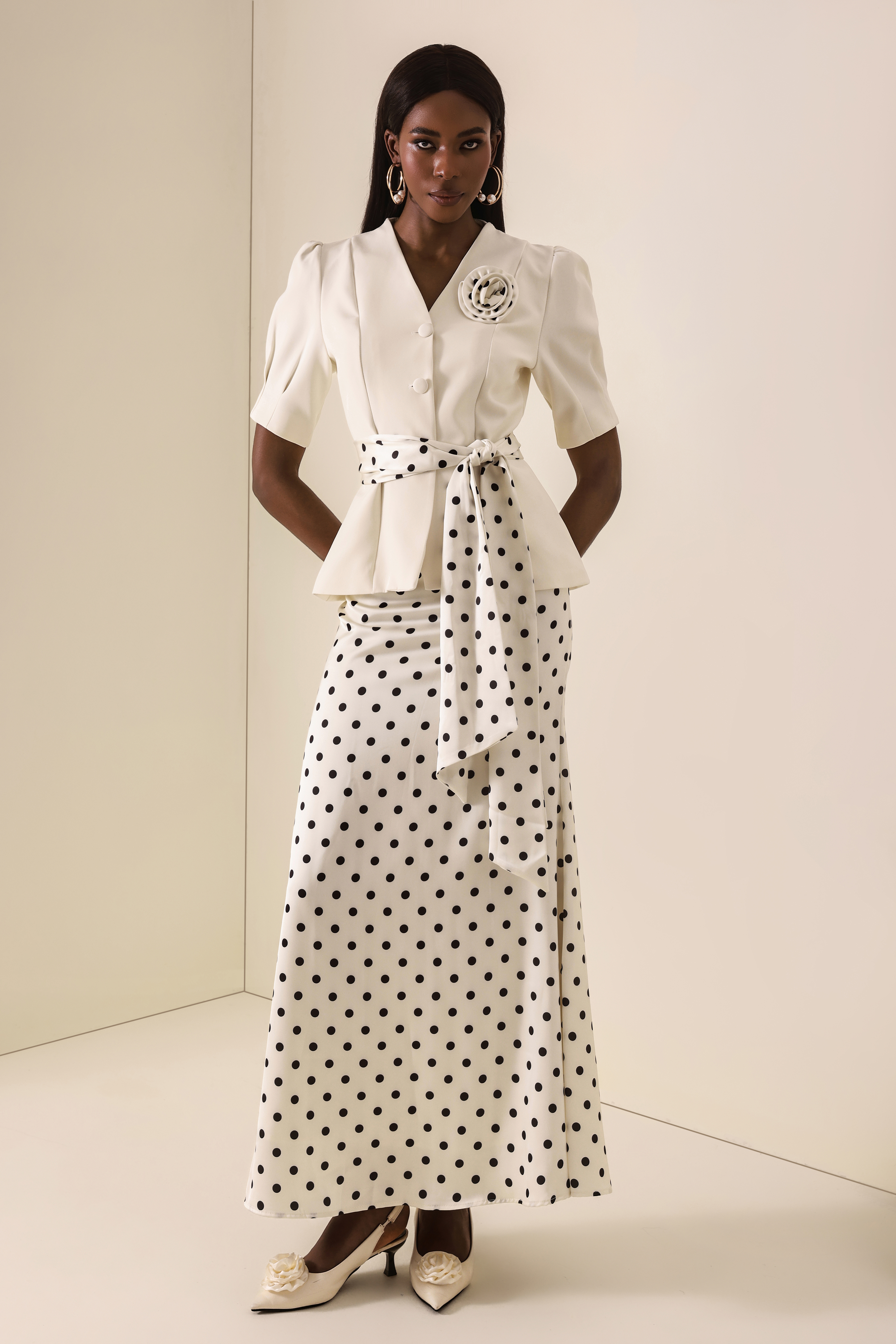 Polka Dot Lace-Up Top & High Waist Maxi Skirt Set