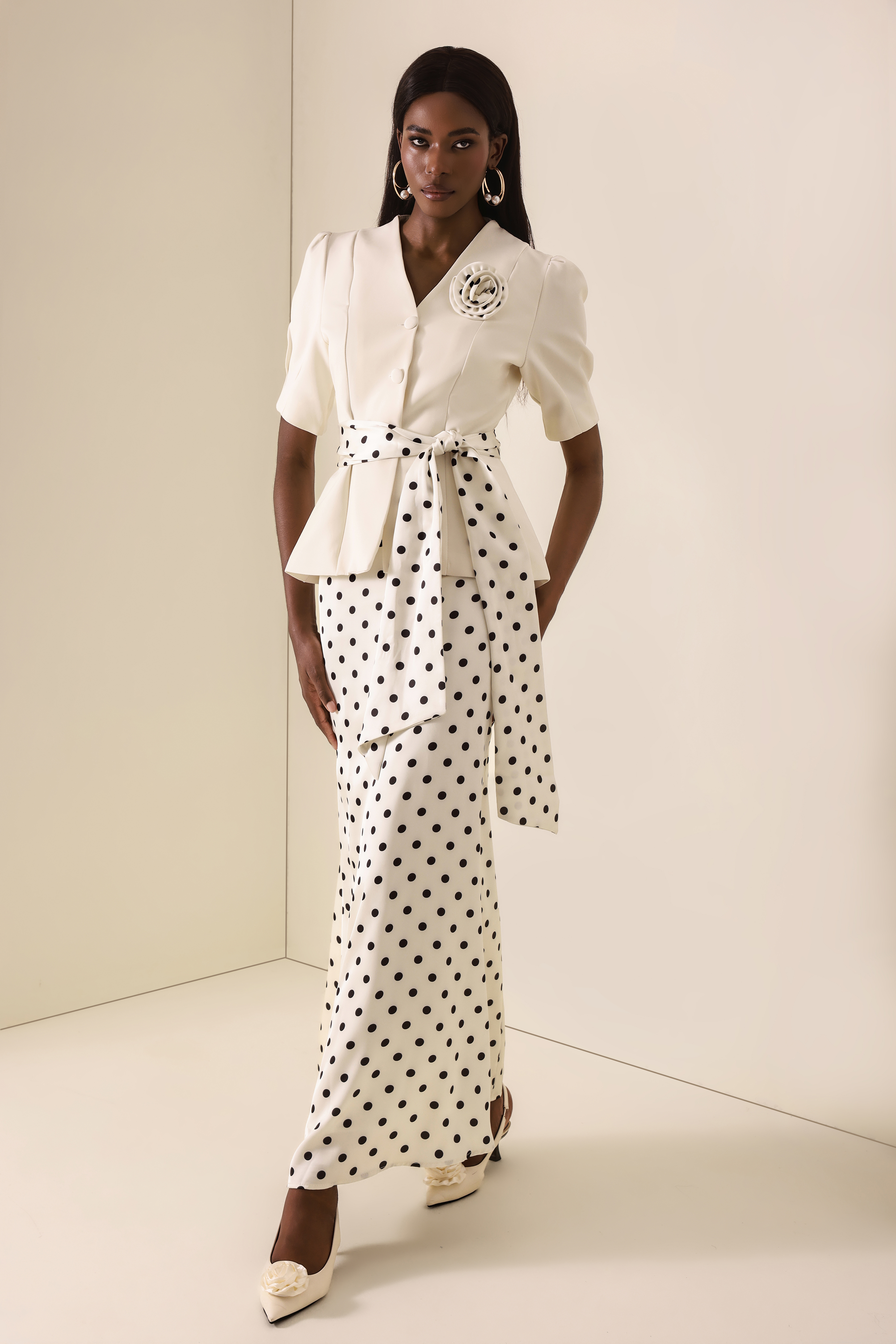 Polka Dot Lace-Up Top & High Waist Maxi Skirt Set