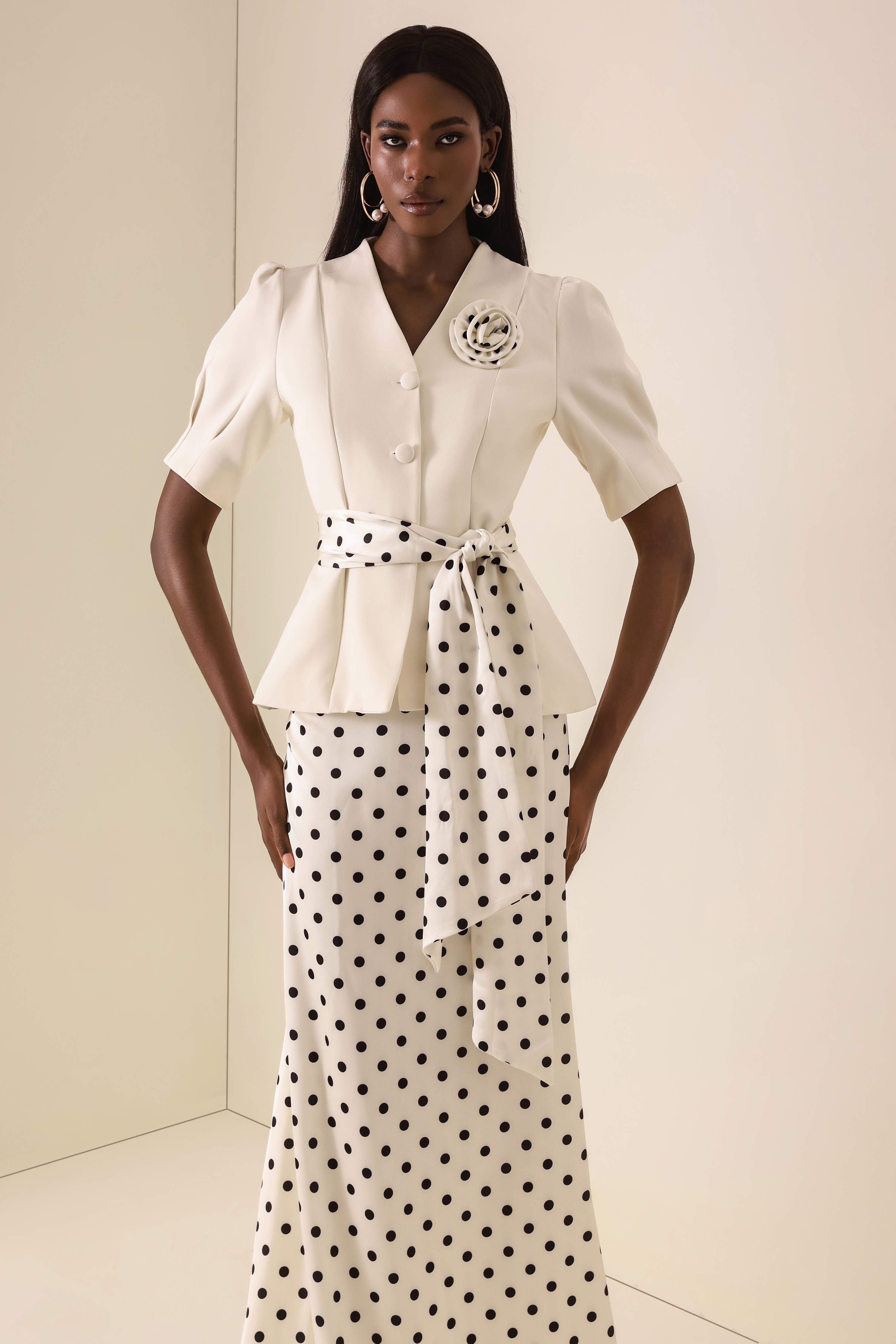 Polka Dot Lace-Up Top & High Waist Maxi Skirt Set
