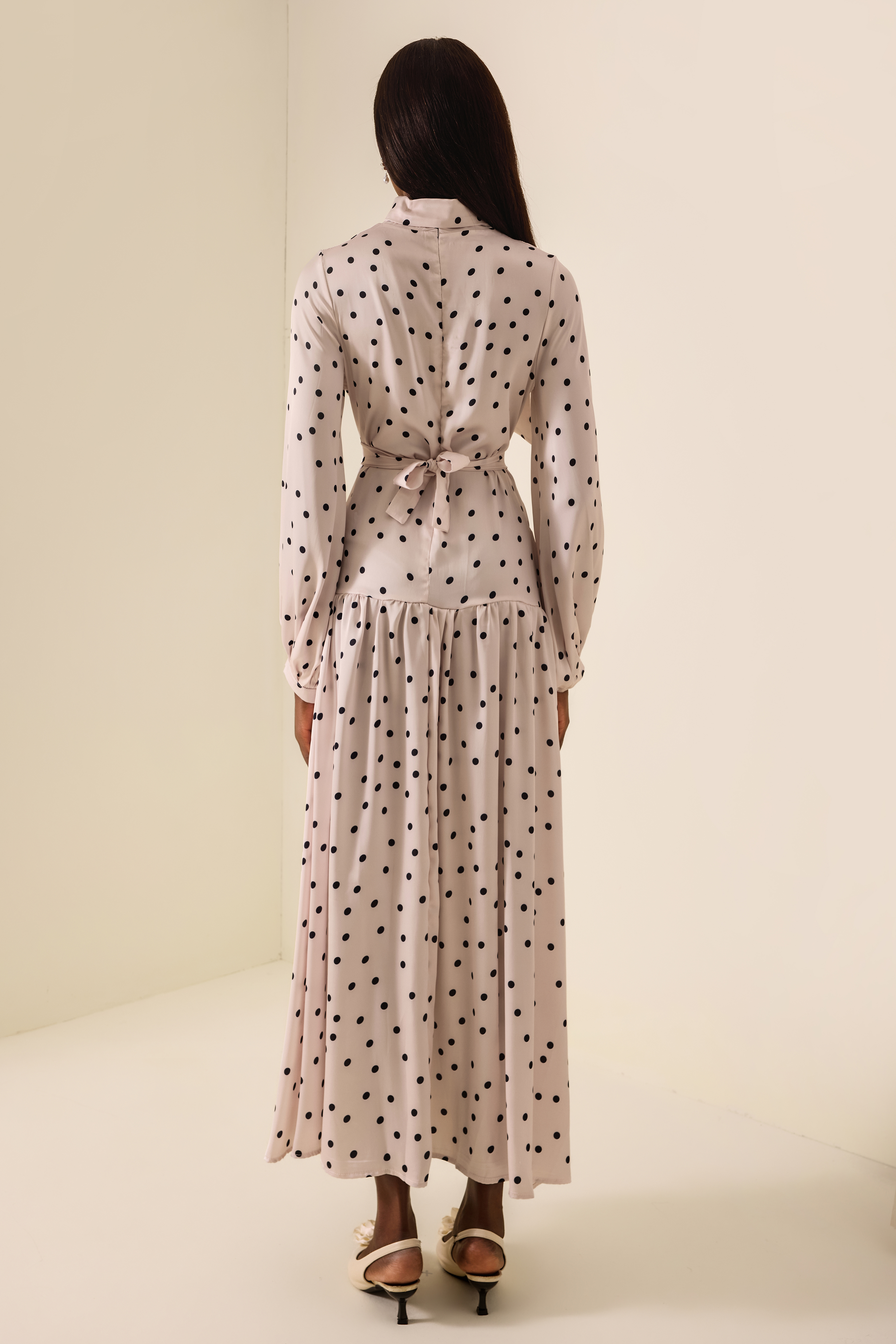 Polka Dot Stand Collar Gathering Maxi Dress