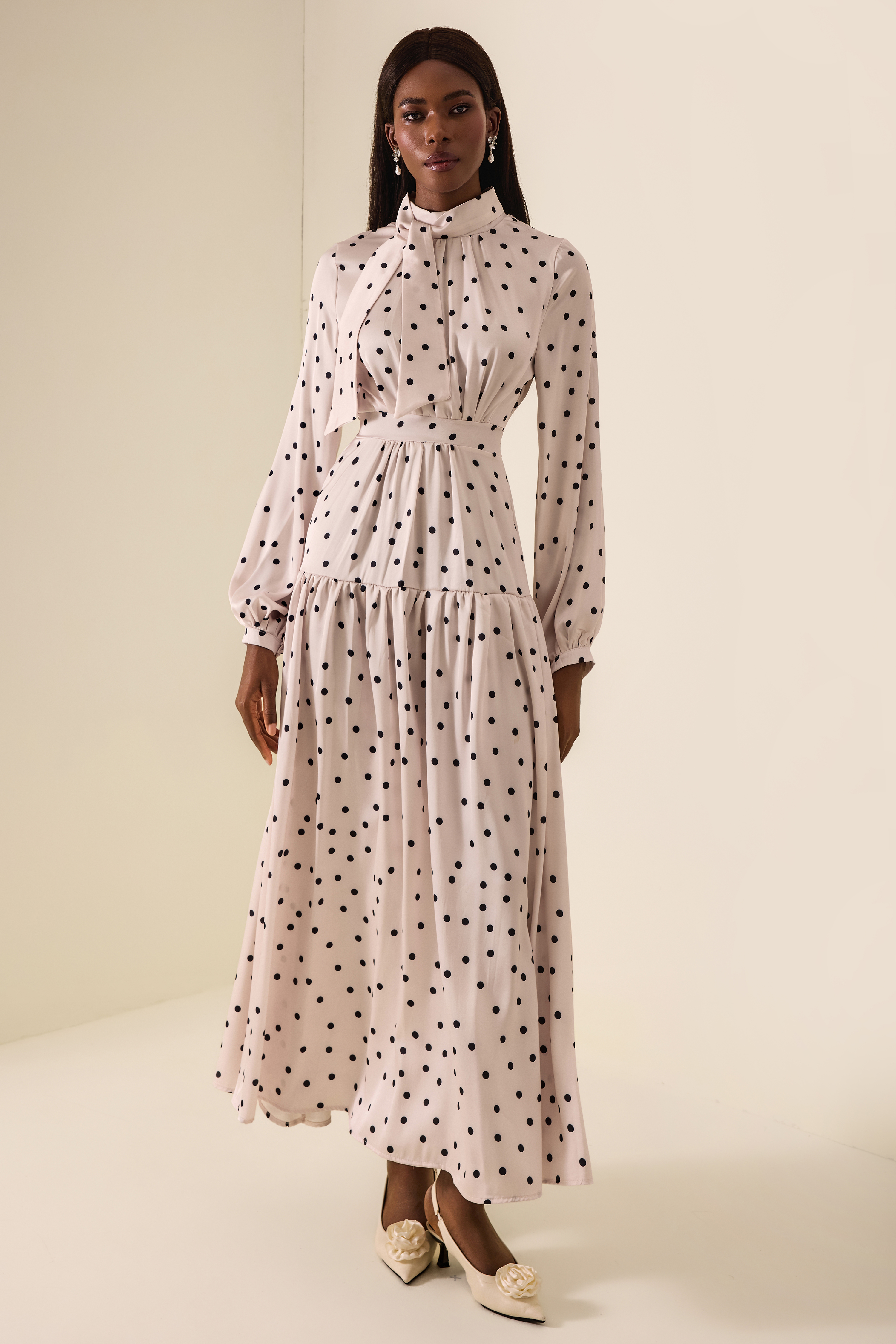Polka Dot Stand Collar Gathering Maxi Dress