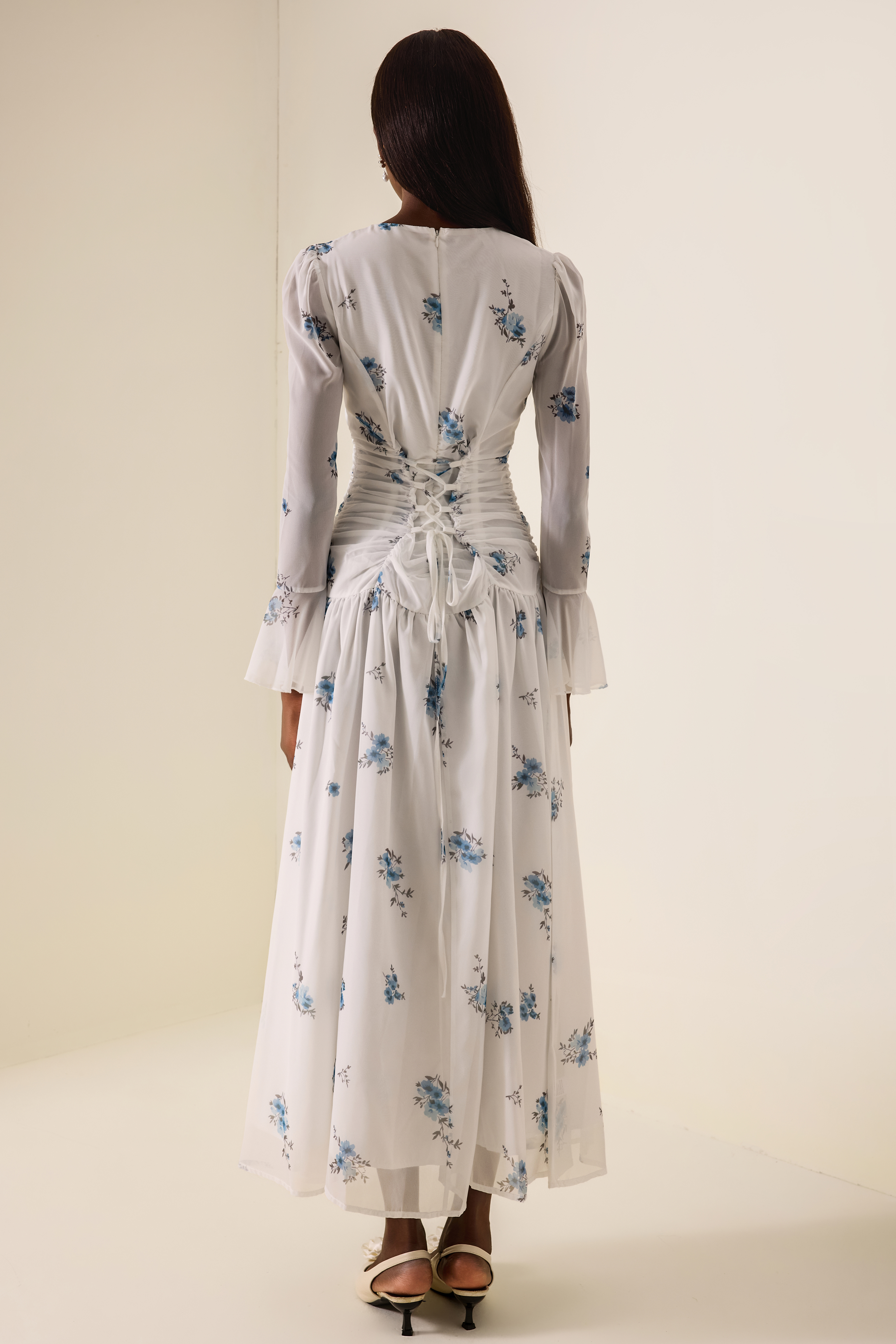 Floral Gathering Bell Sleeve Maxi Dress