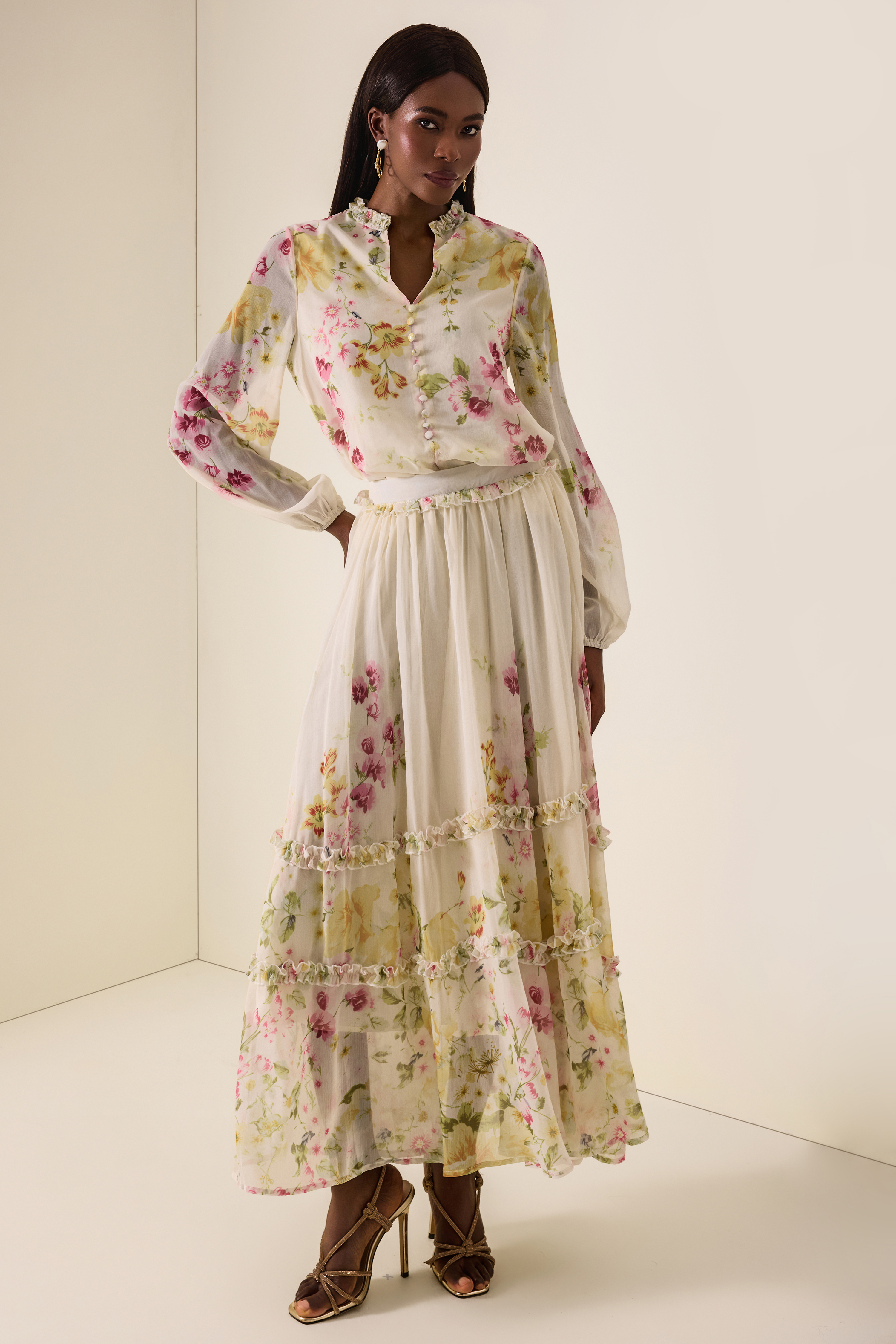 Floral Lantern Sleeve Top & High Waist Frill Midi Skirt Set