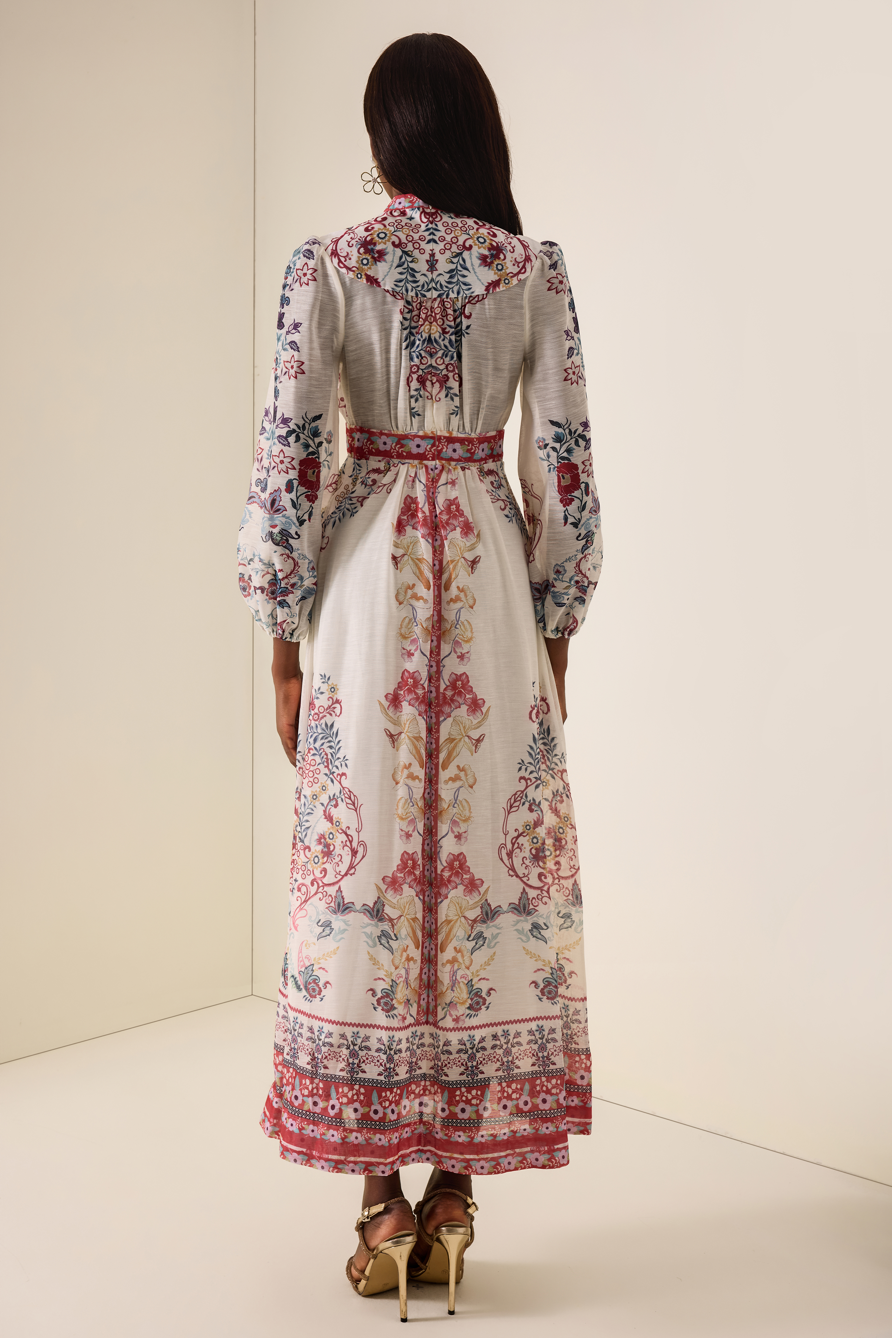Floral Single Breasted Lantern Sleeve Midi Dress