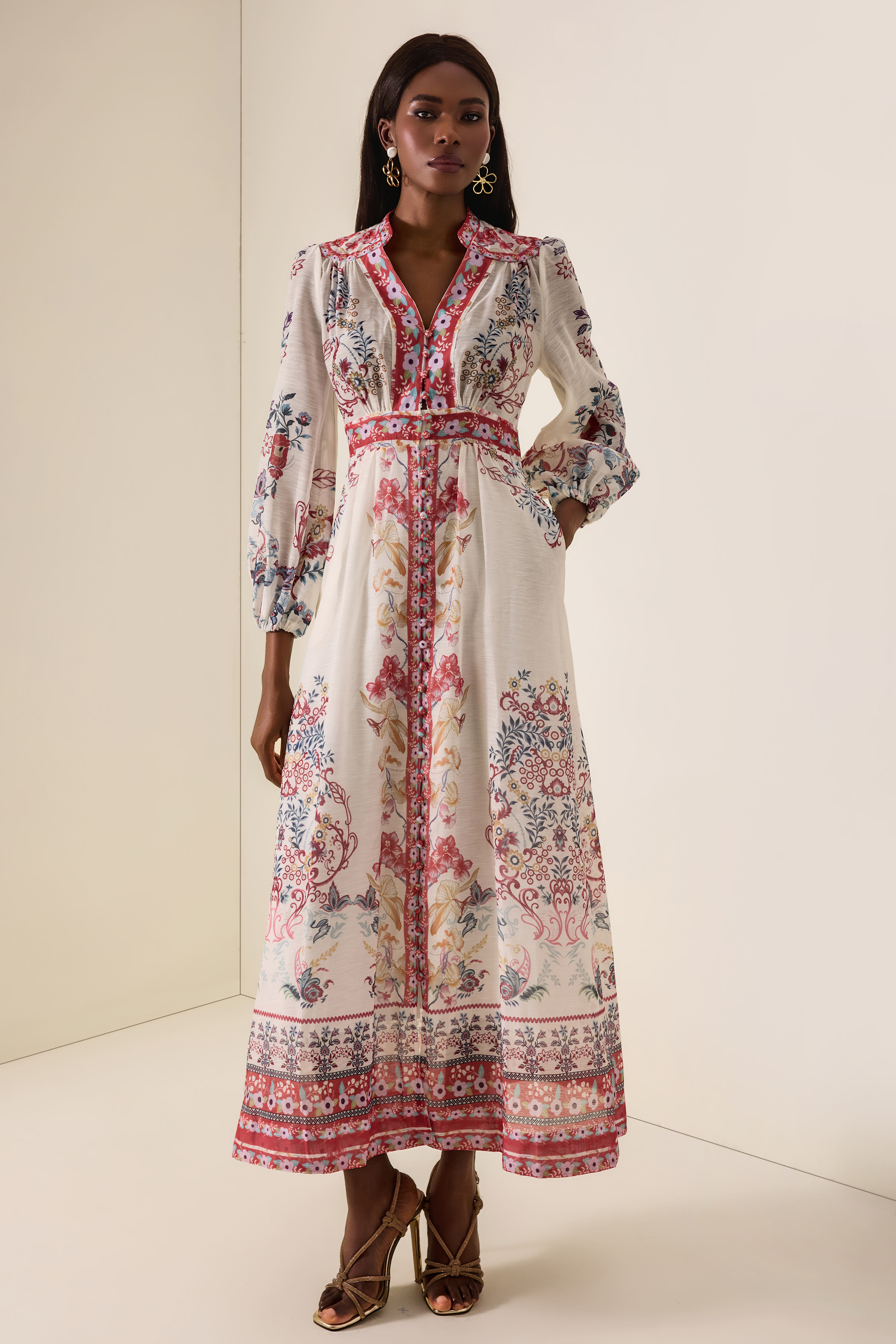 Floral Single Breasted Lantern Sleeve Midi Dress