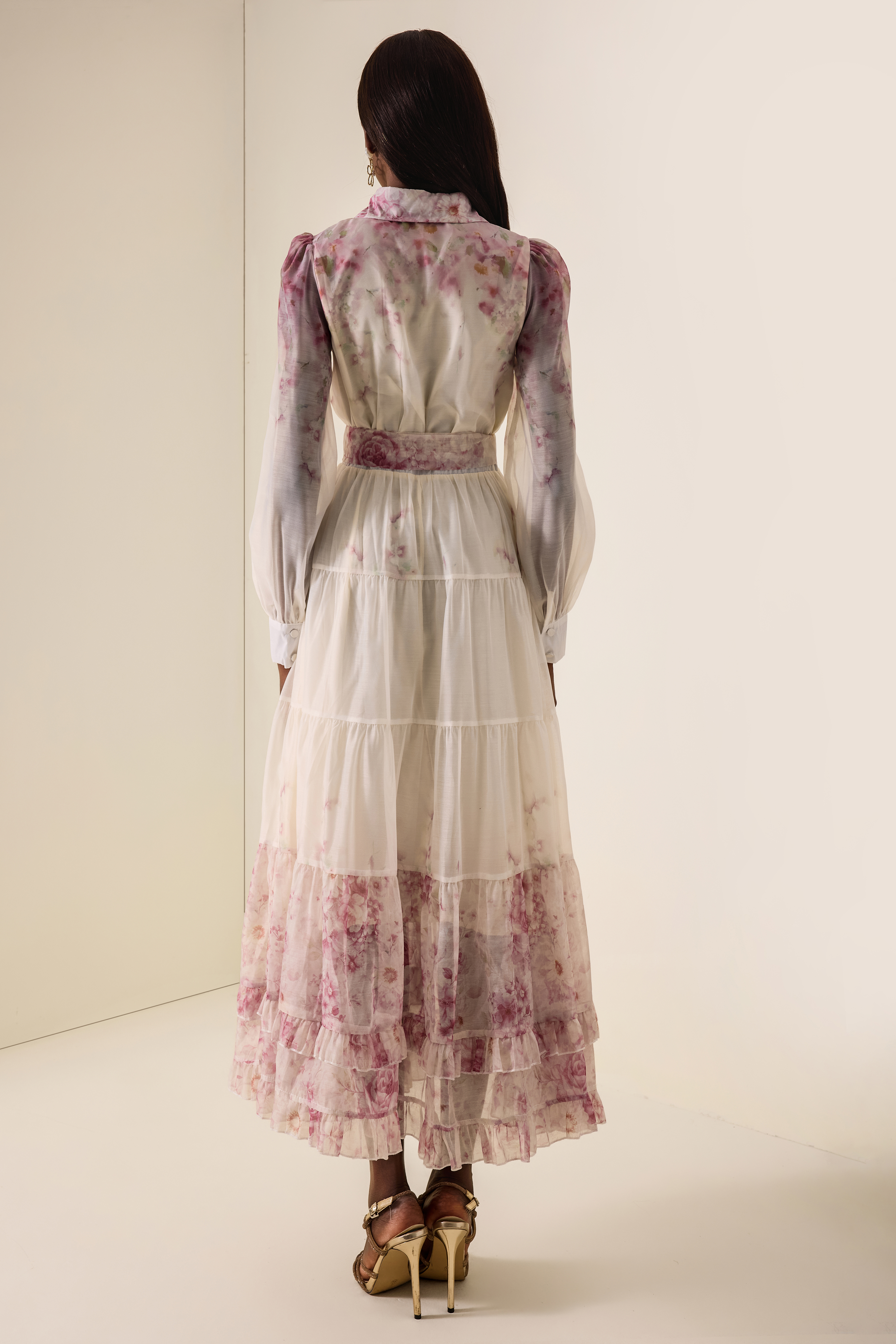 Floral Print  Lace-Up Frill Midi Dress