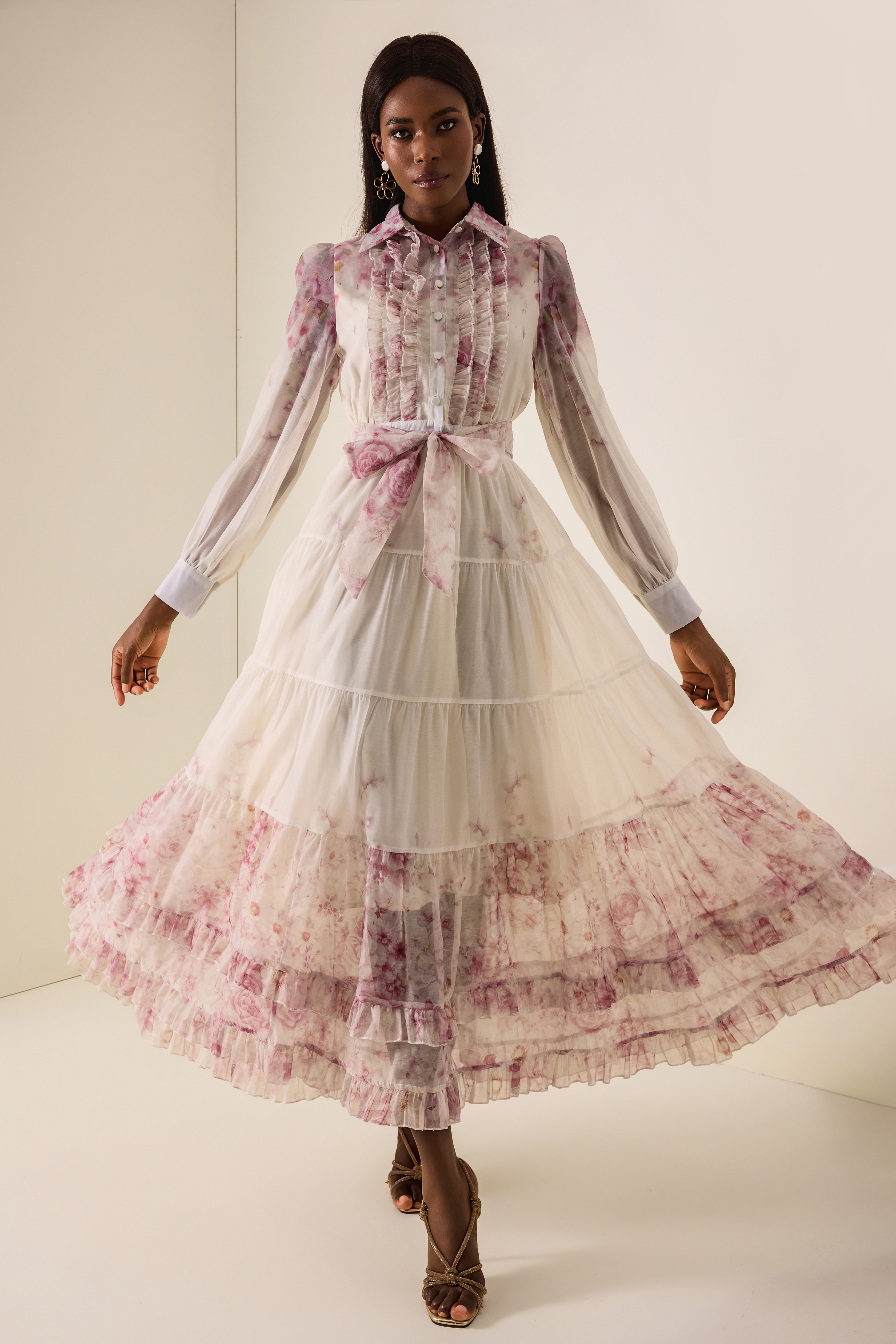 Floral Print  Lace-Up Frill Midi Dress