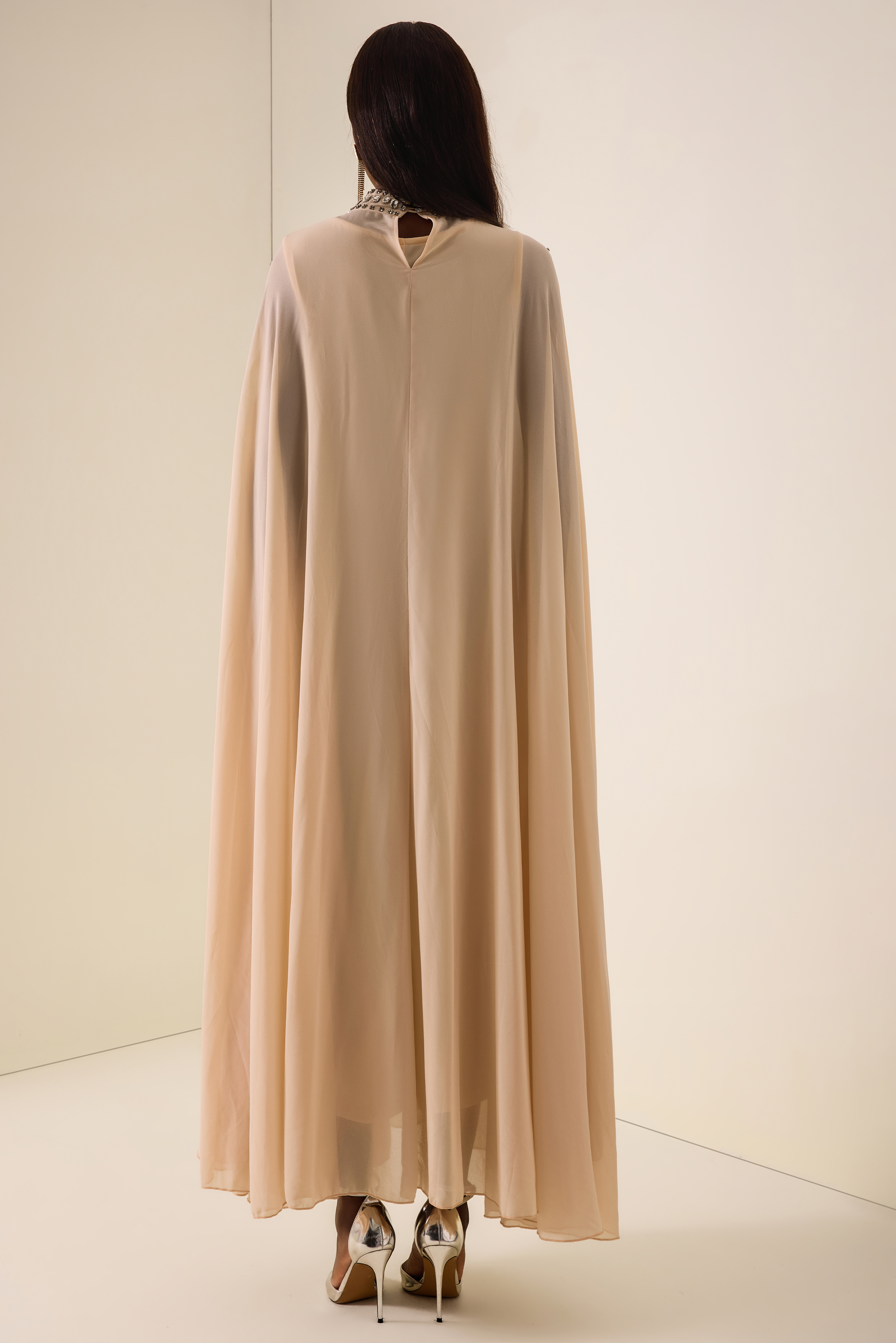 Chiffon Rhinestone Rivets Cape Midi Dress