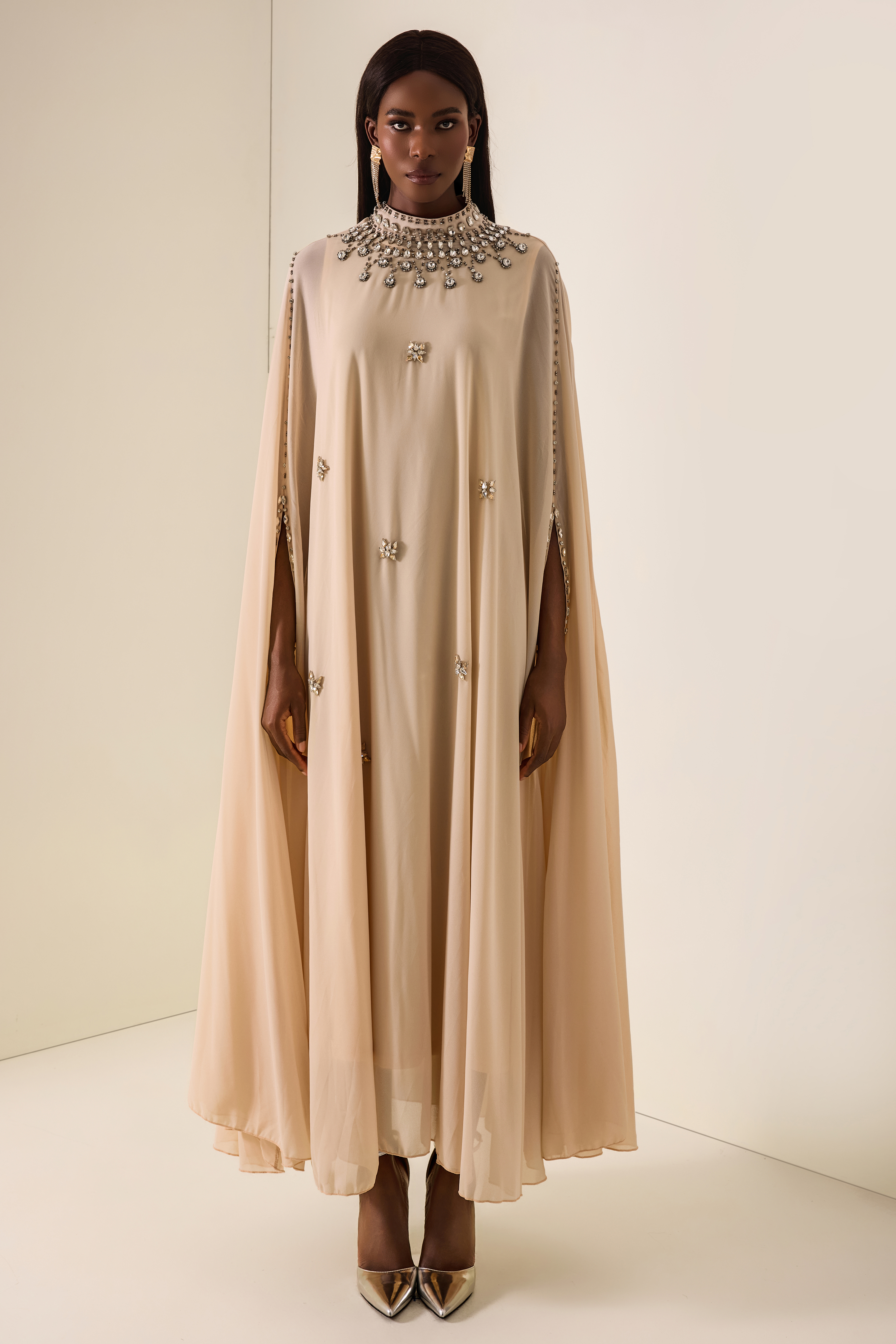 Chiffon Rhinestone Rivets Cape Midi Dress