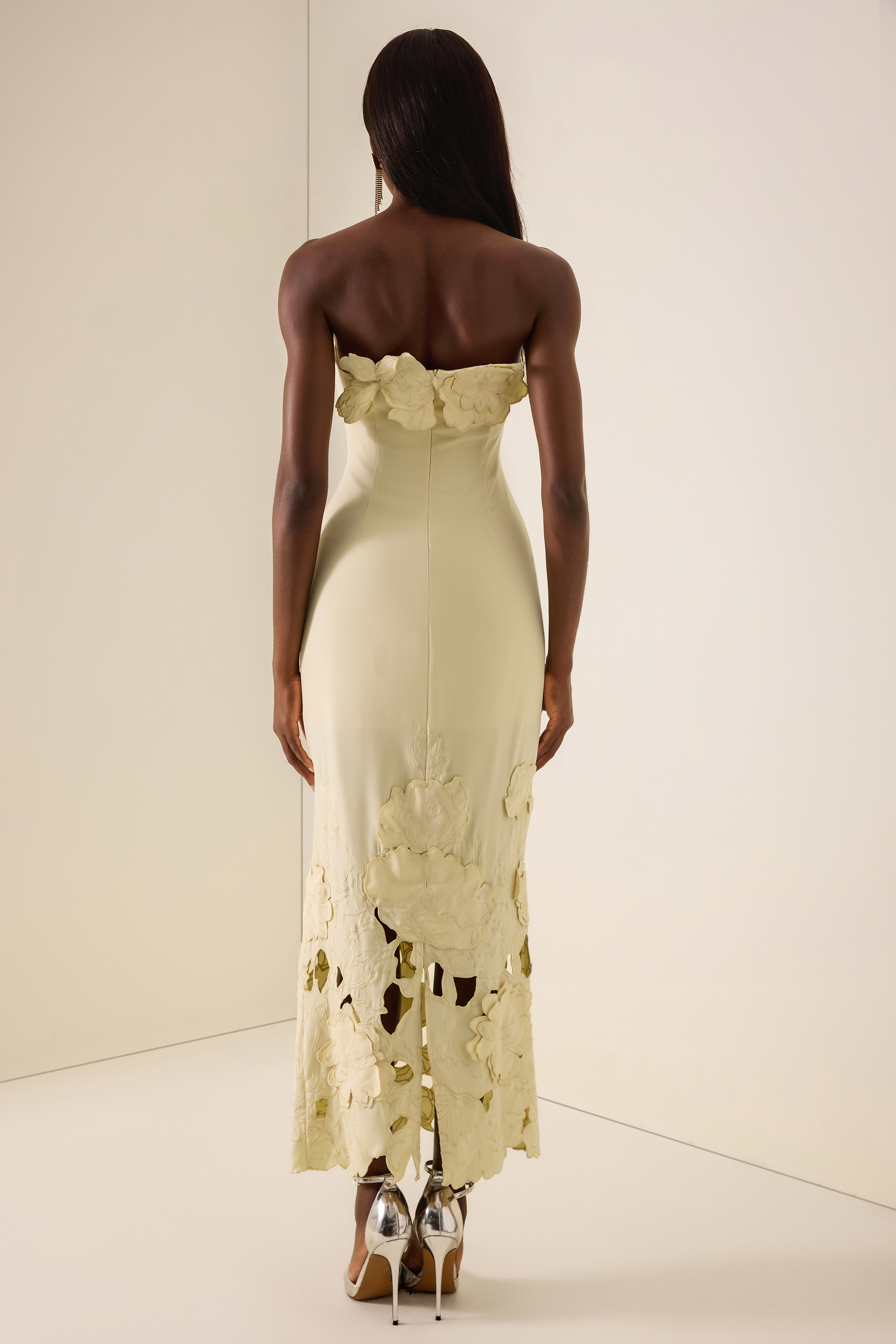 Off-Shoulder Floral Appliquéd Midi Dress