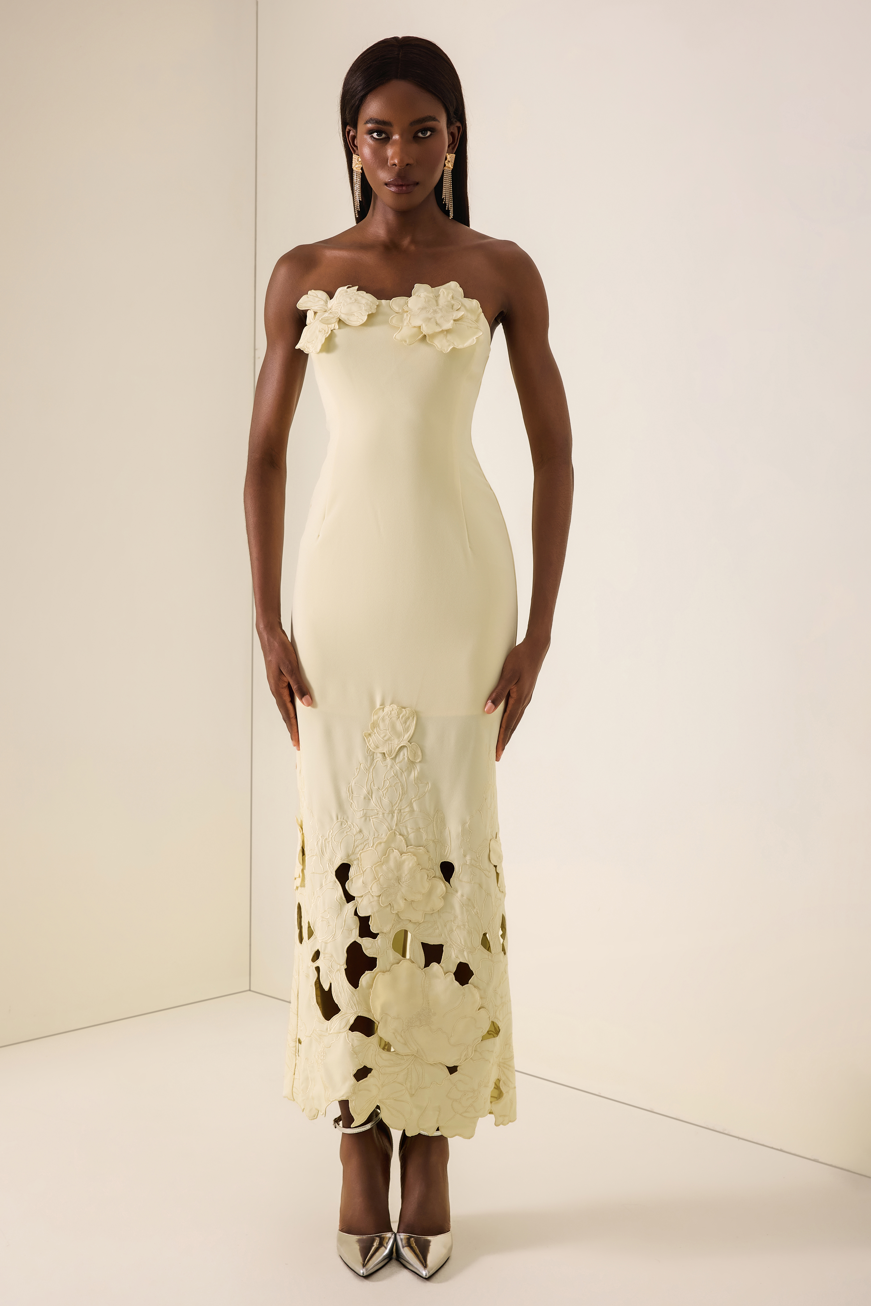 Off-Shoulder Floral Appliquéd Midi Dress