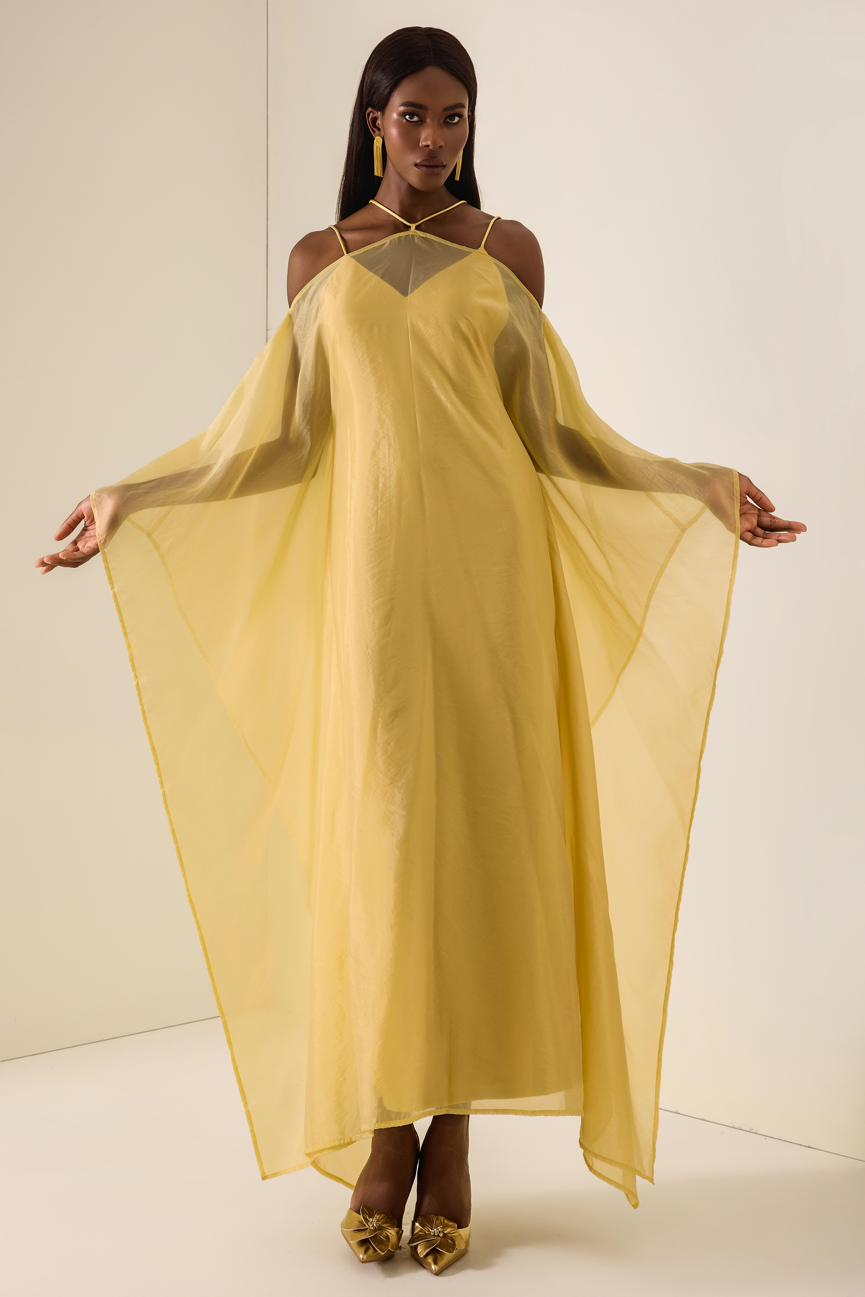 Solid Slip Maxi Dress & Organza Kaftan Set