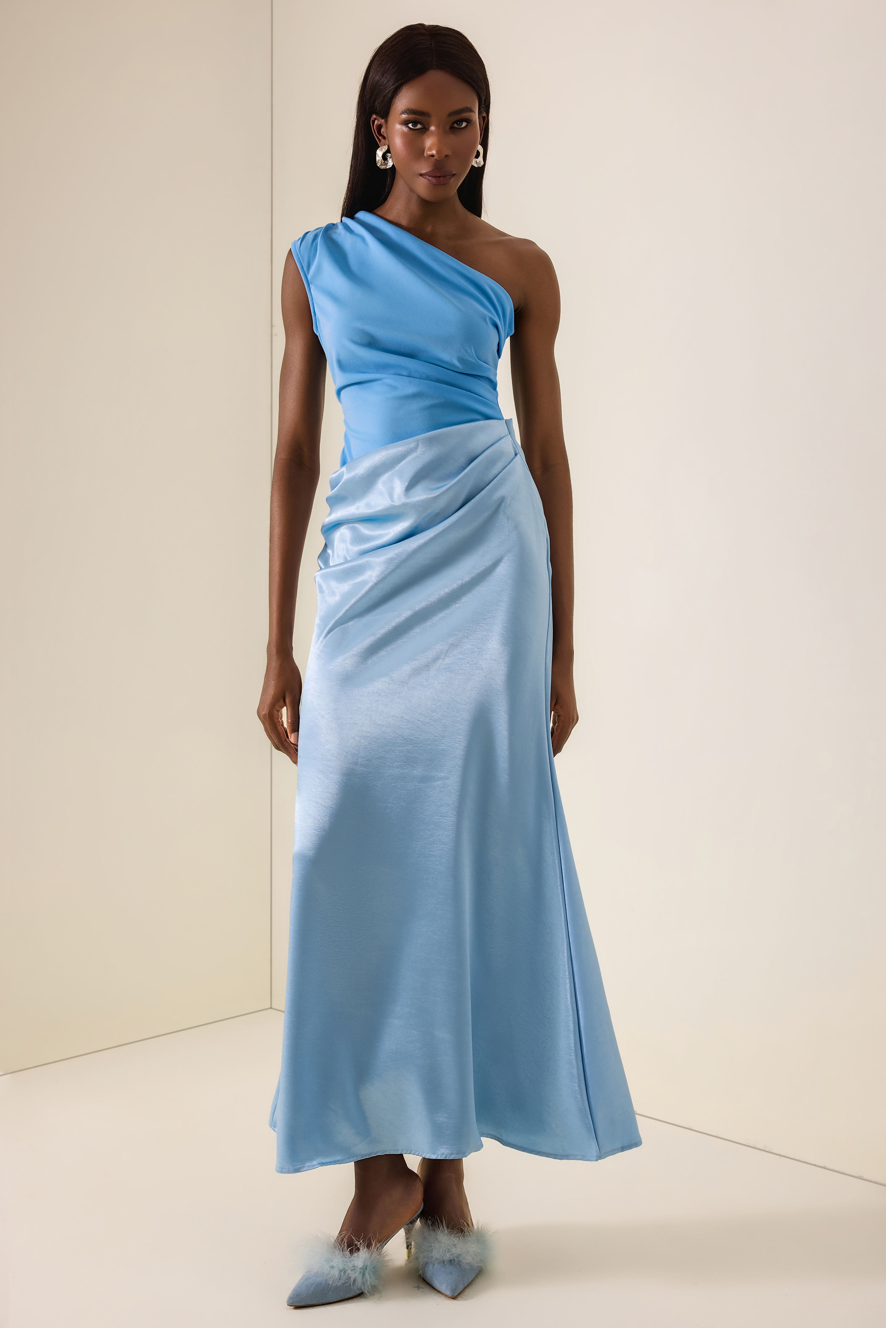 One Shoulder Pleat Maxi Dress
