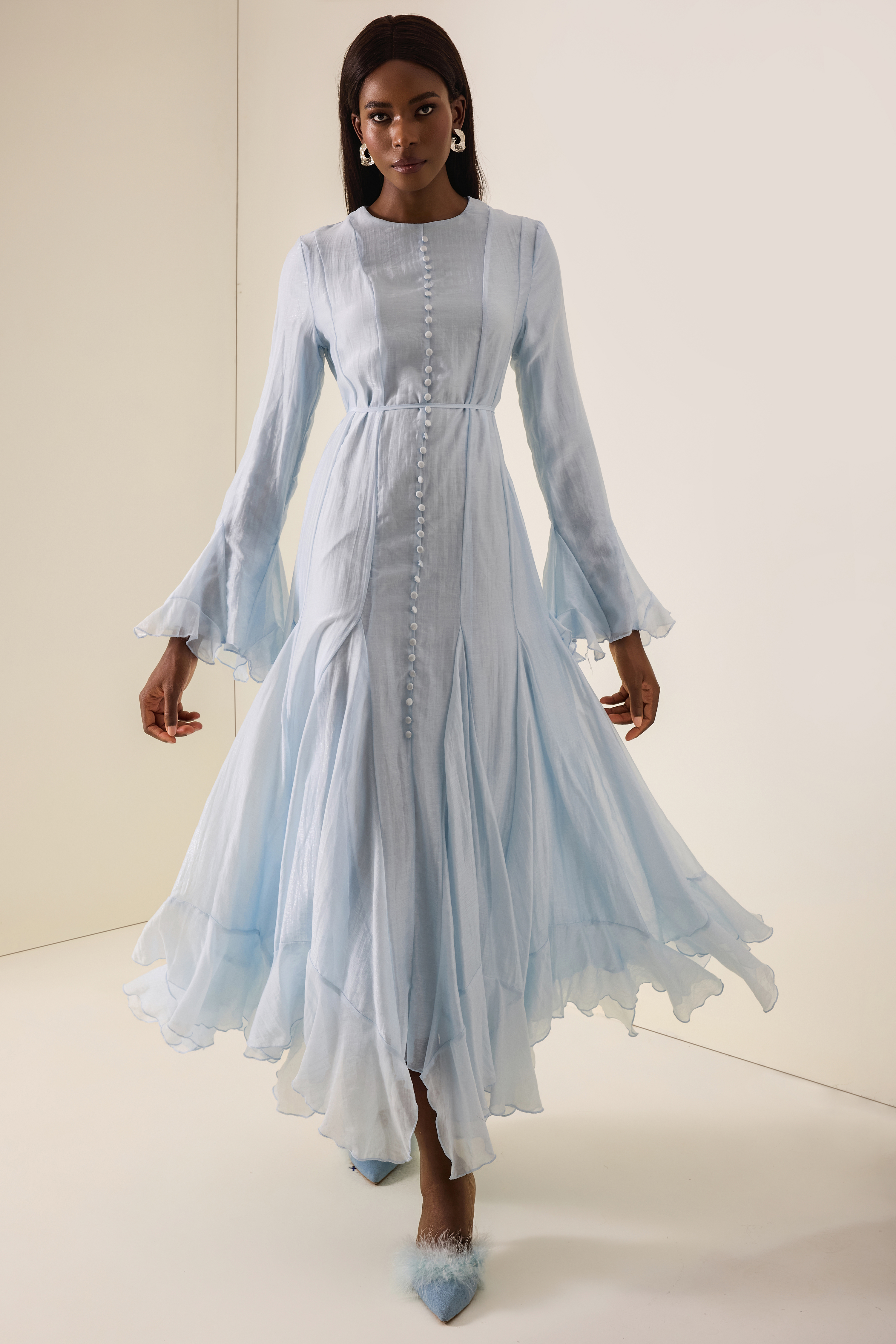 Ruffle Single Breasted Bell Sleeve Midi Dress