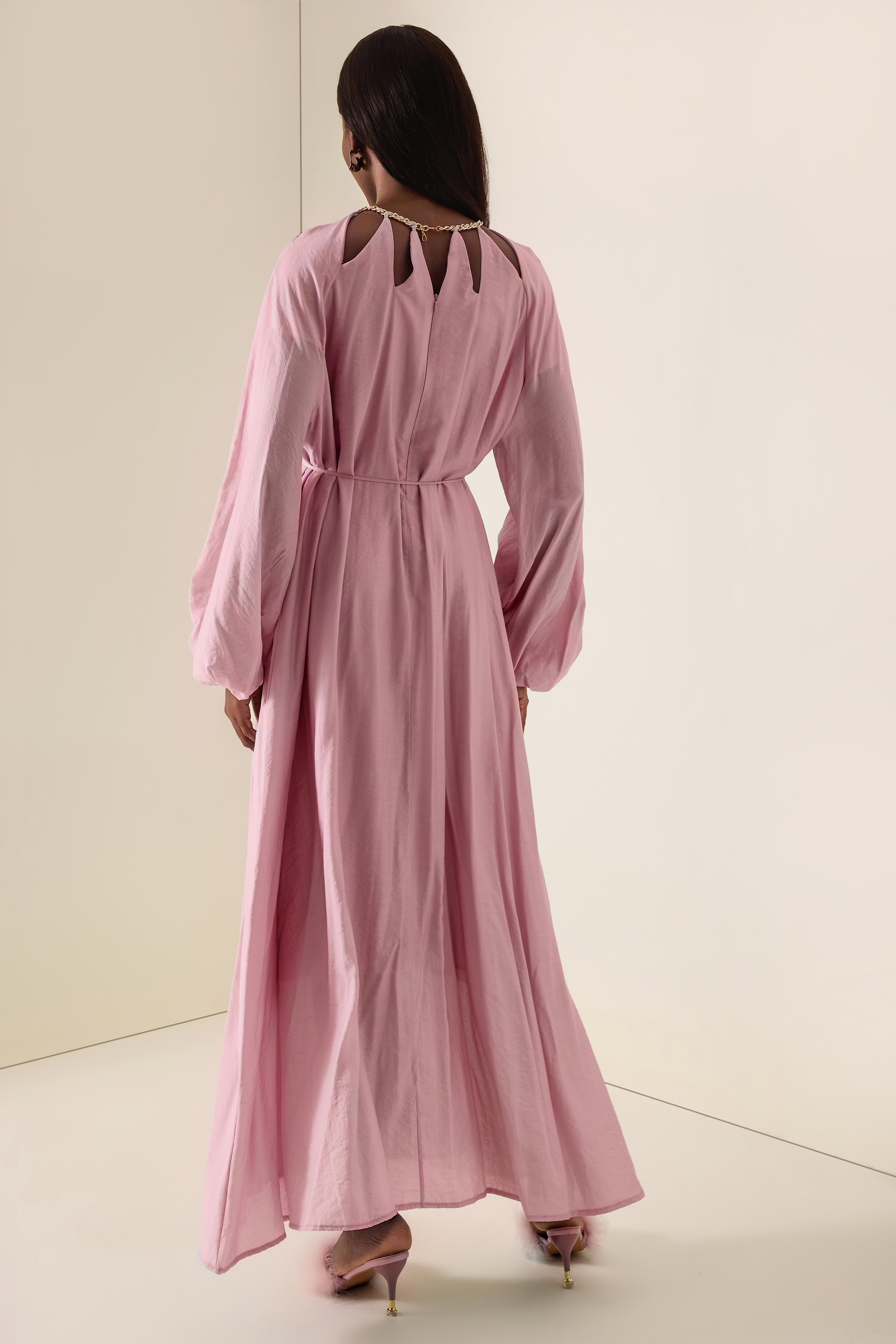 Cut-Out Lantern Sleeve Lace-Up Midi Dress