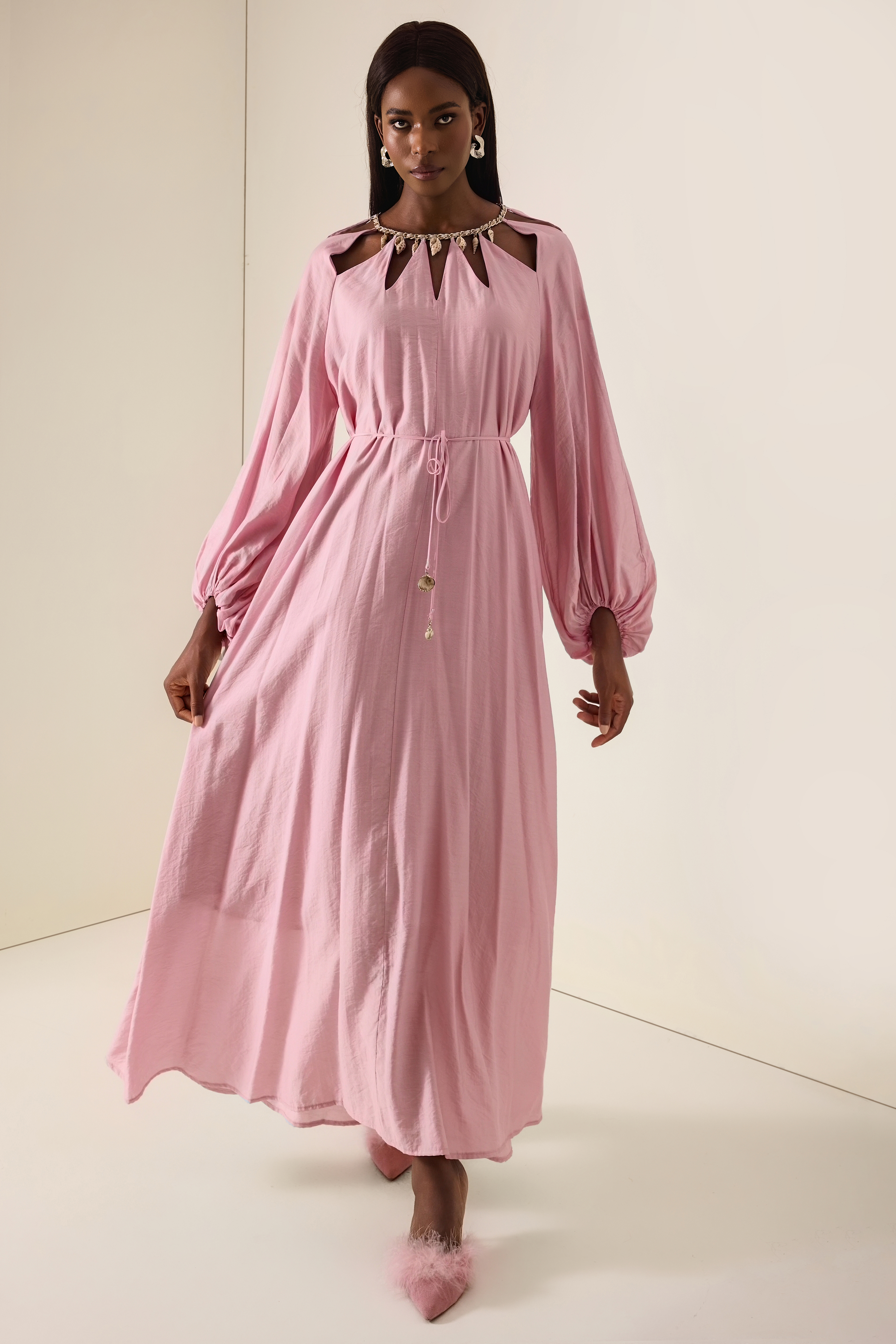 Cut-Out Lantern Sleeve Lace-Up Midi Dress