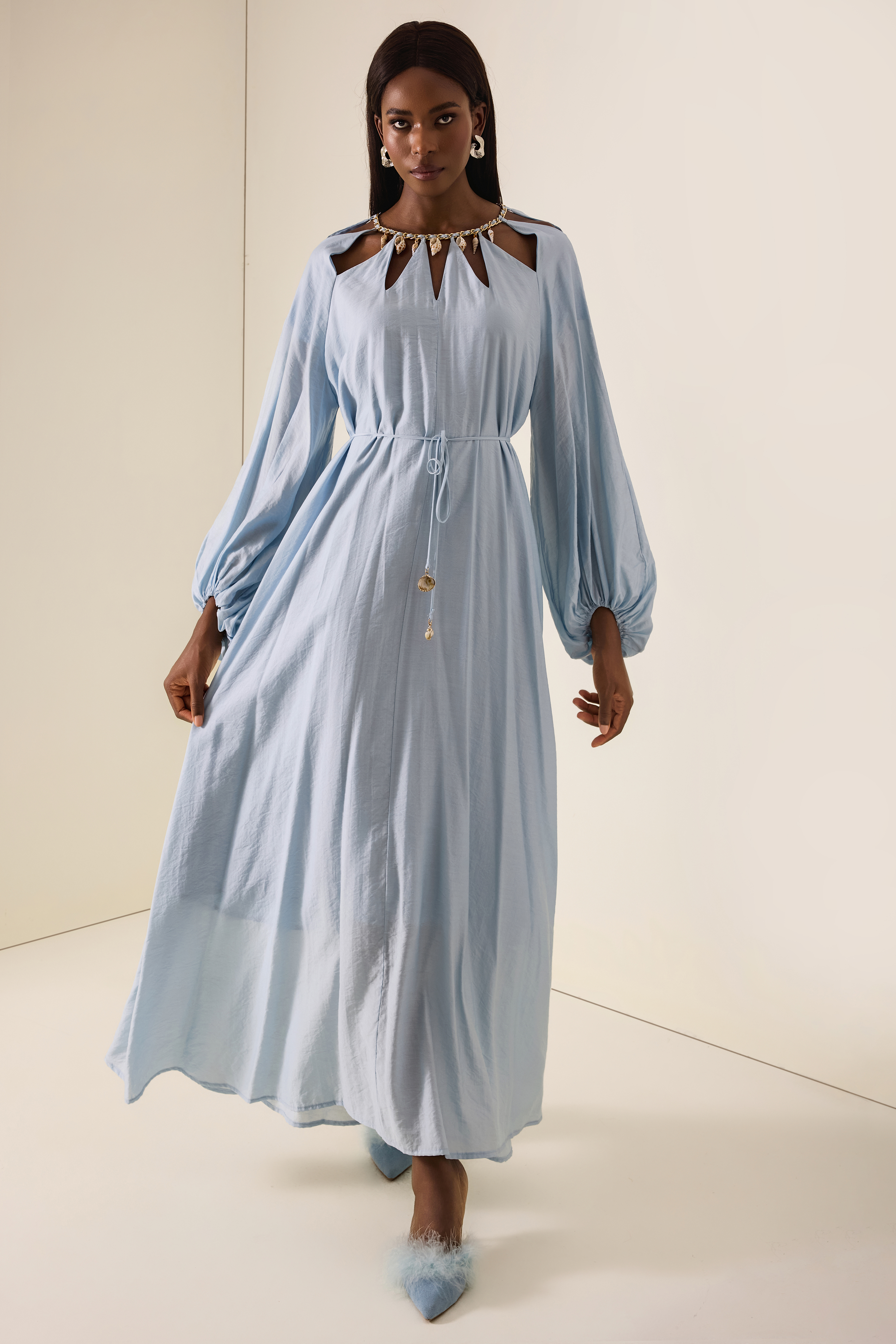 Cut-Out Lantern Sleeve Lace-Up Midi Dress