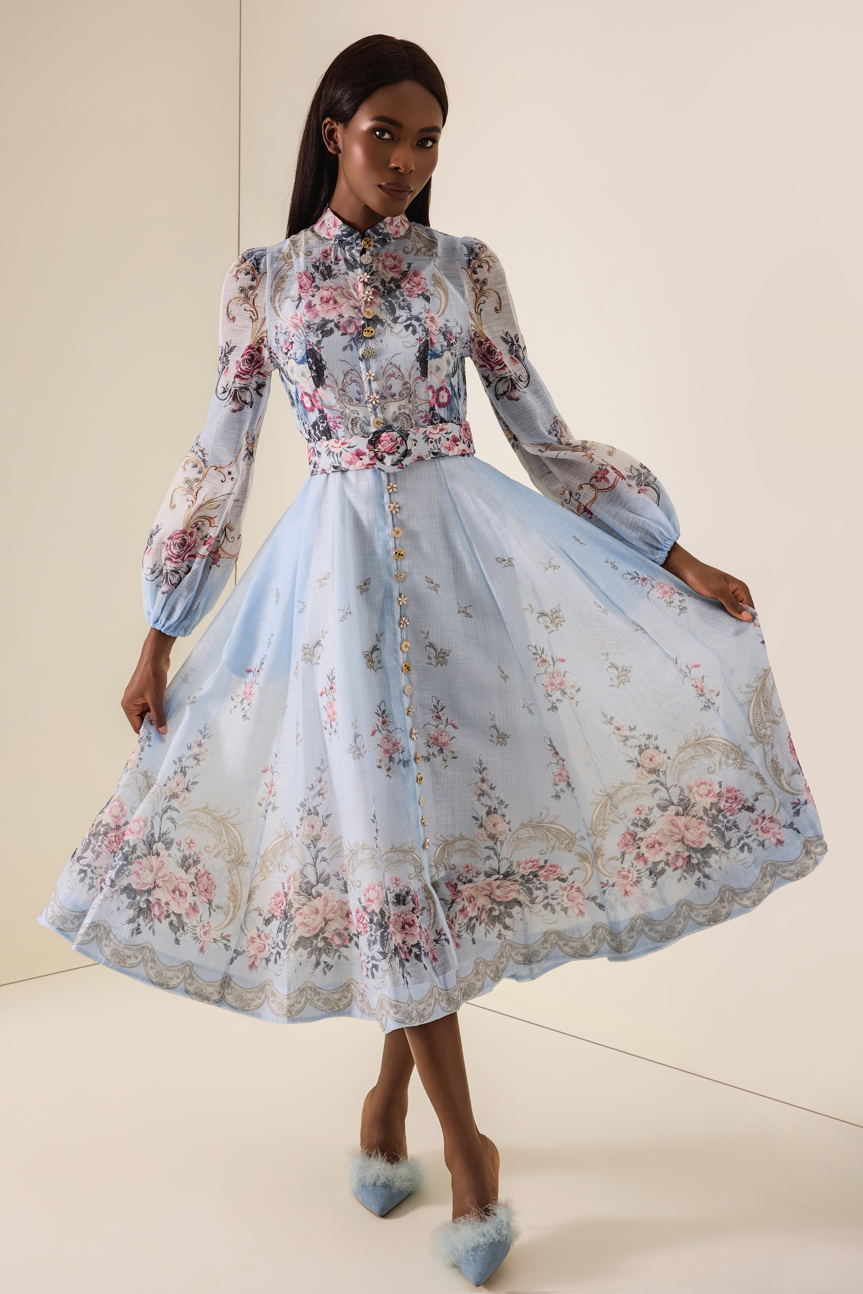 Floral Button Midi Dress With Belt