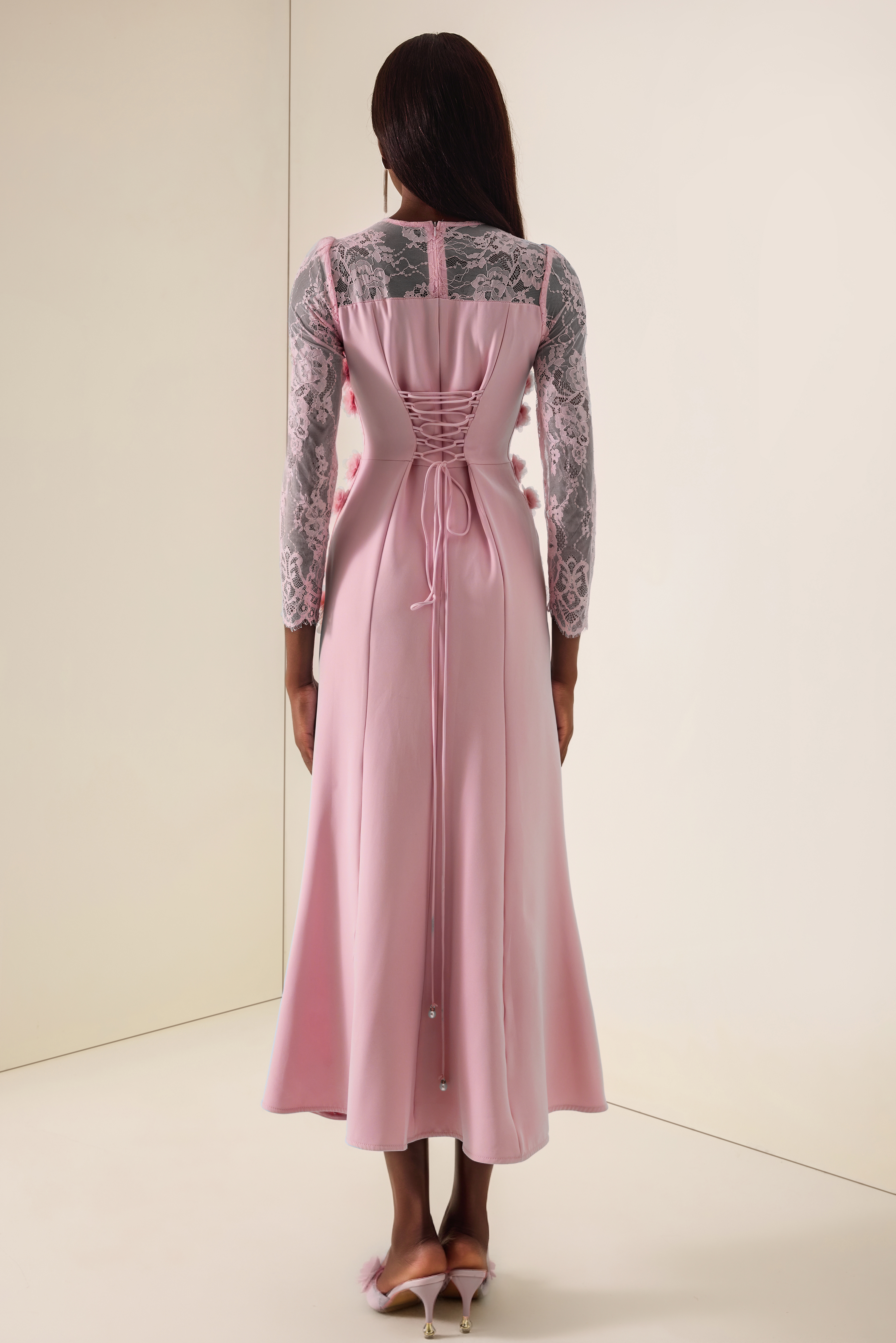 3D Flower Lace Long Sleeve Midi Dress