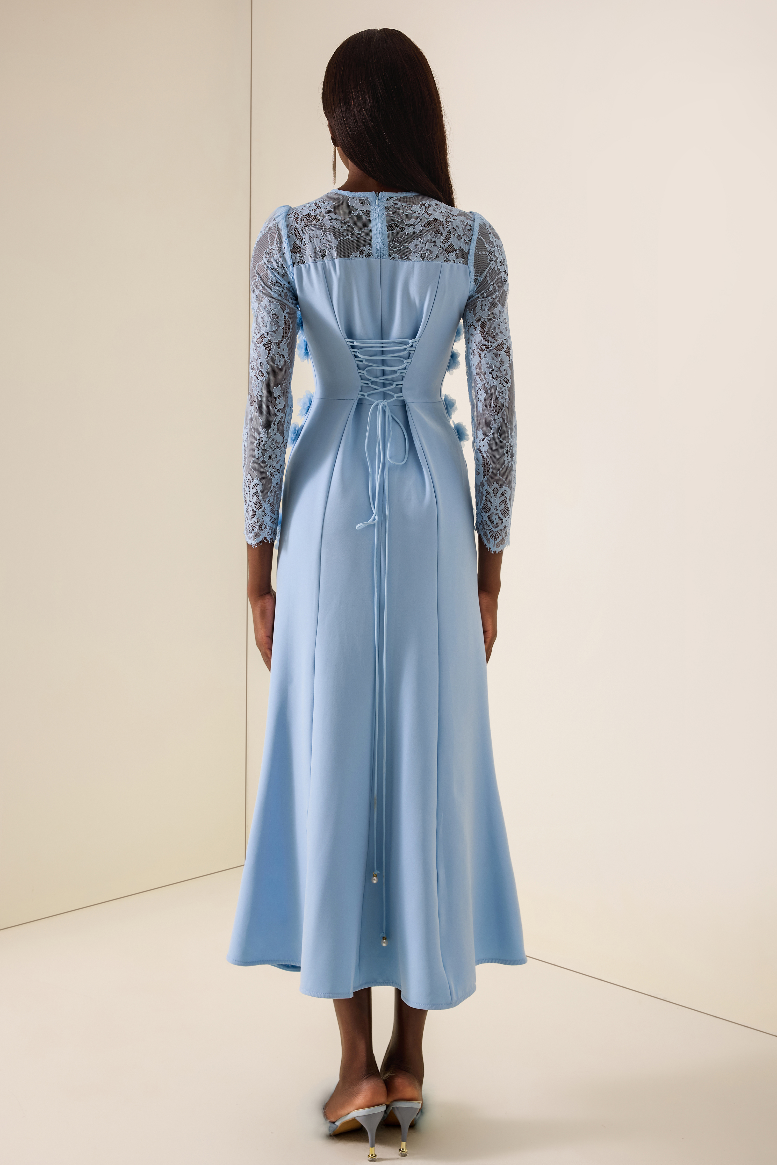 3D Flower Lace Long Sleeve Midi Dress