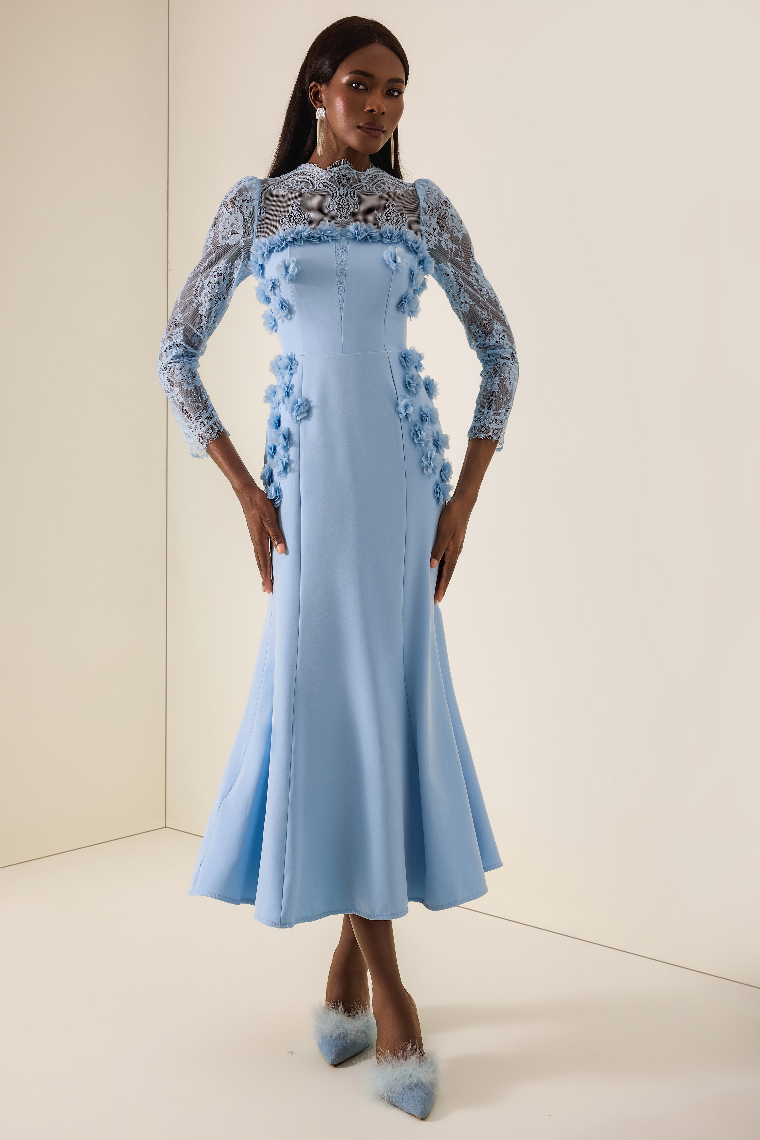 3D Flower Lace Long Sleeve Midi Dress
