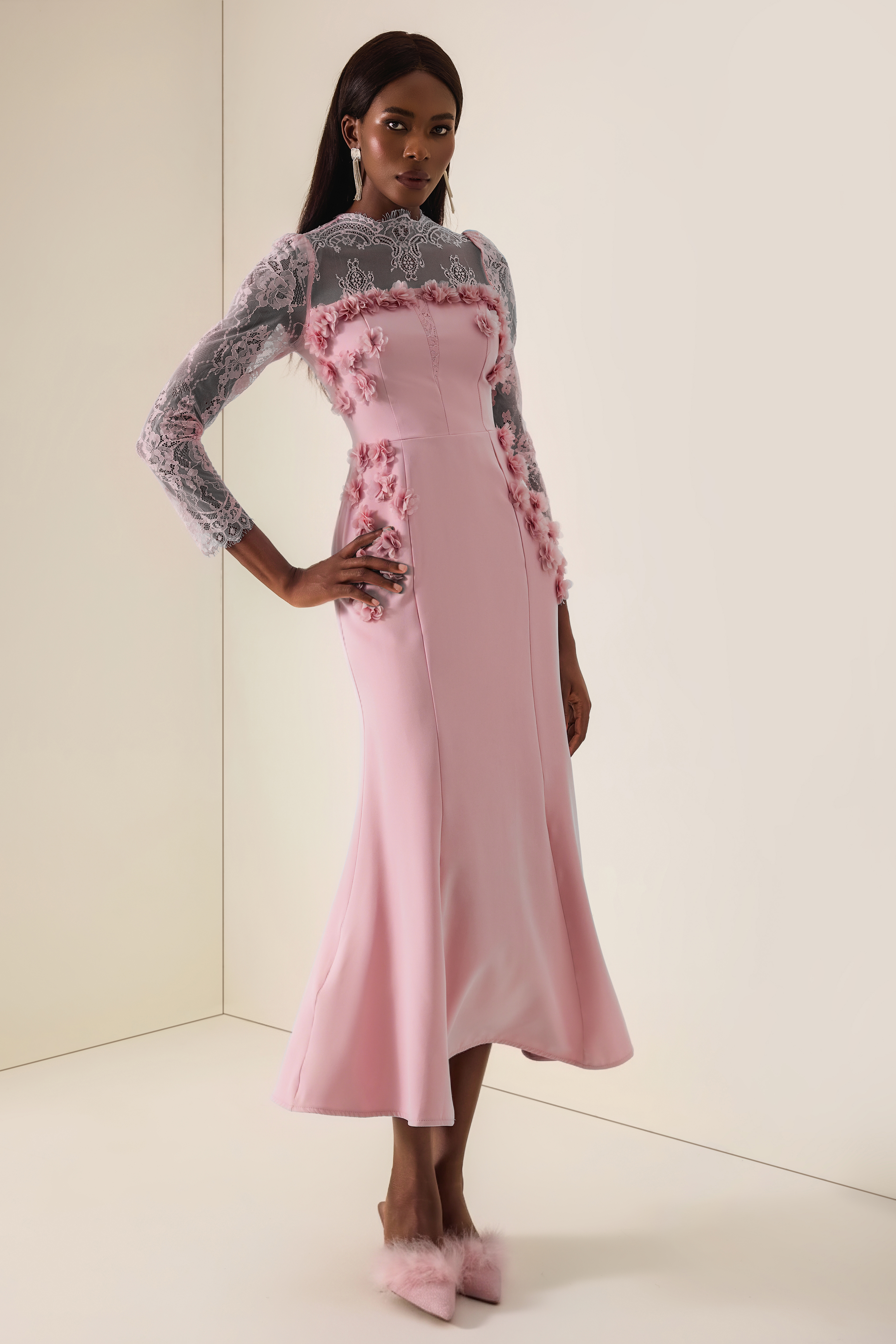 3D Flower Lace Long Sleeve Midi Dress