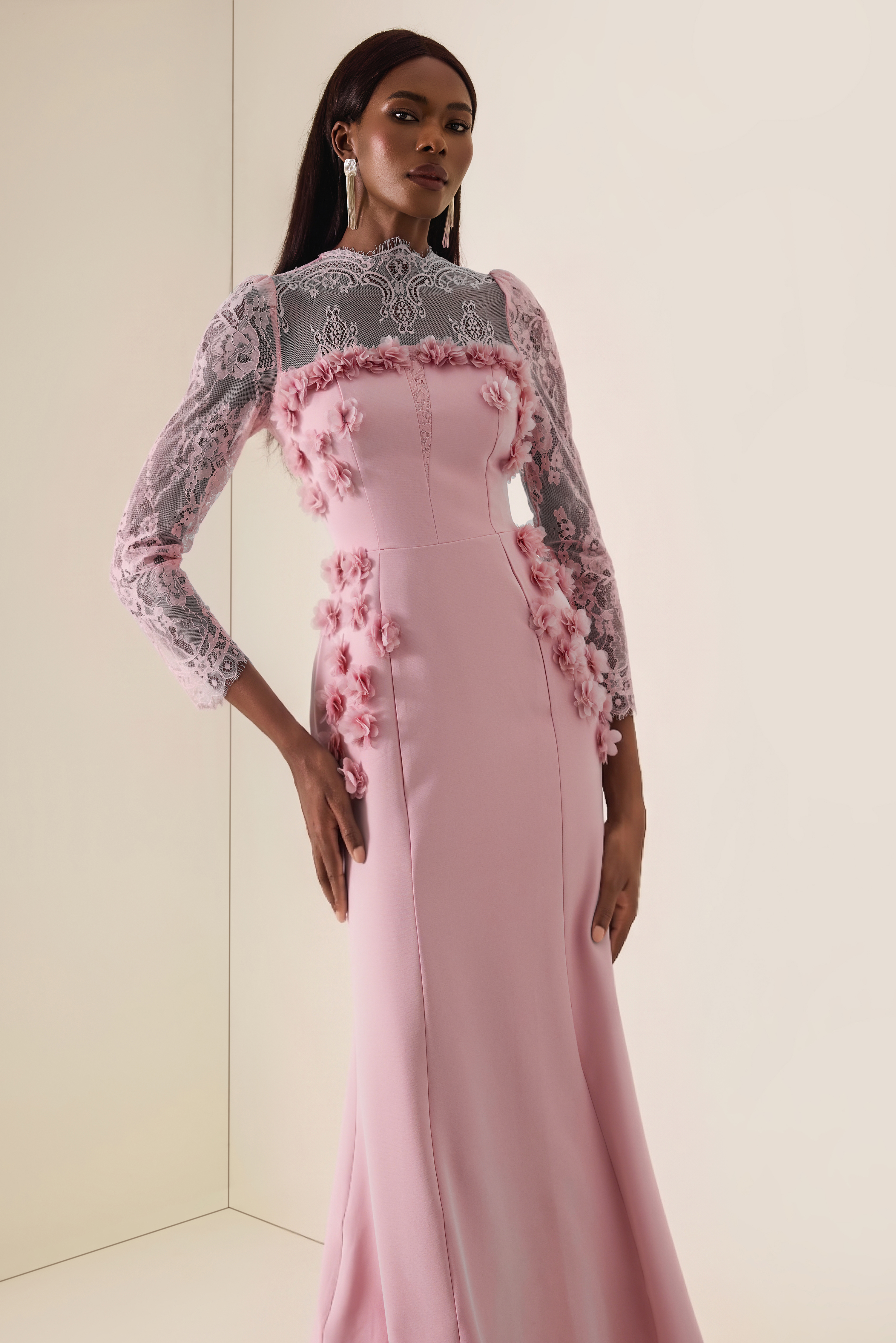 3D Flower Lace Long Sleeve Midi Dress