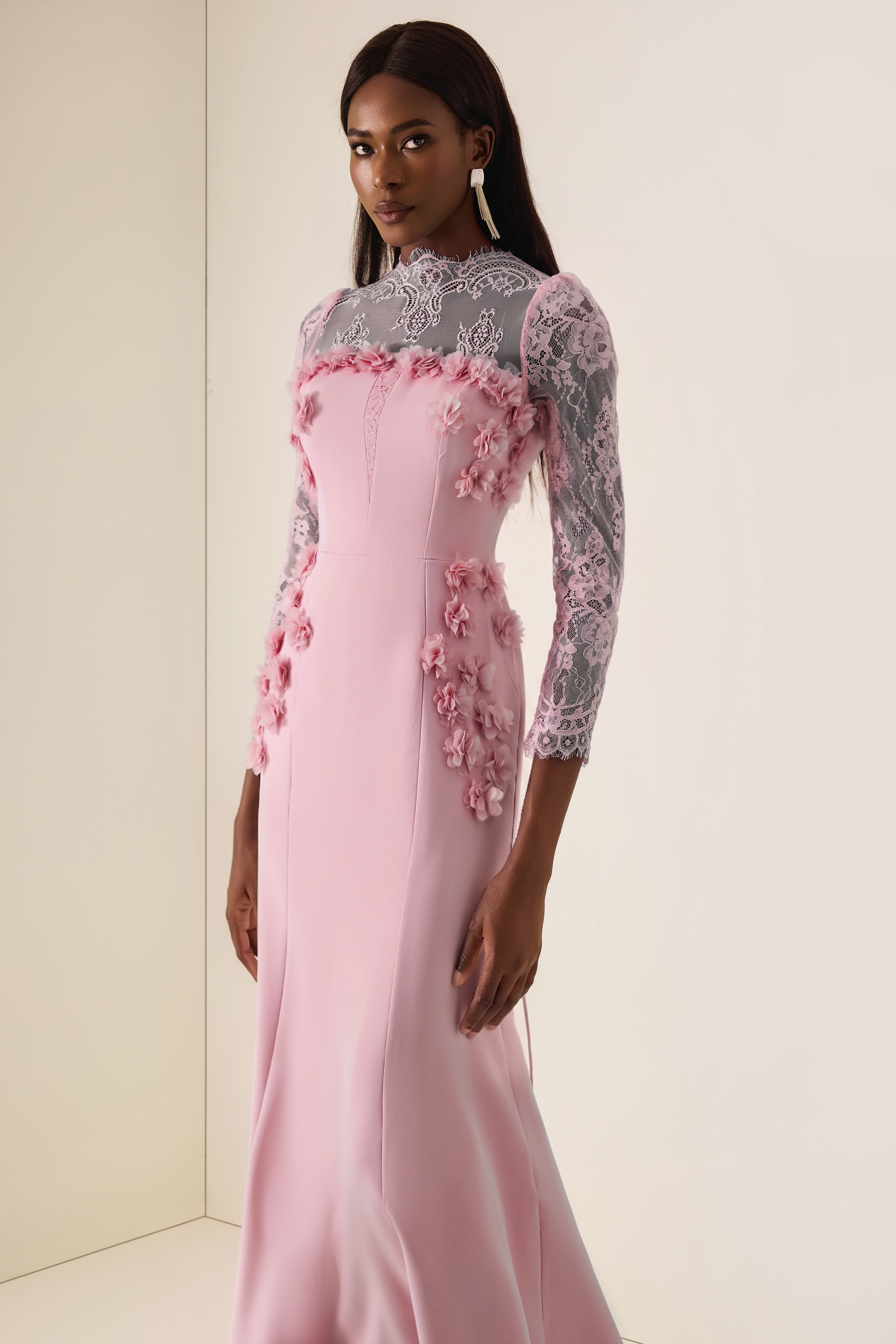 3D Flower Lace Long Sleeve Midi Dress