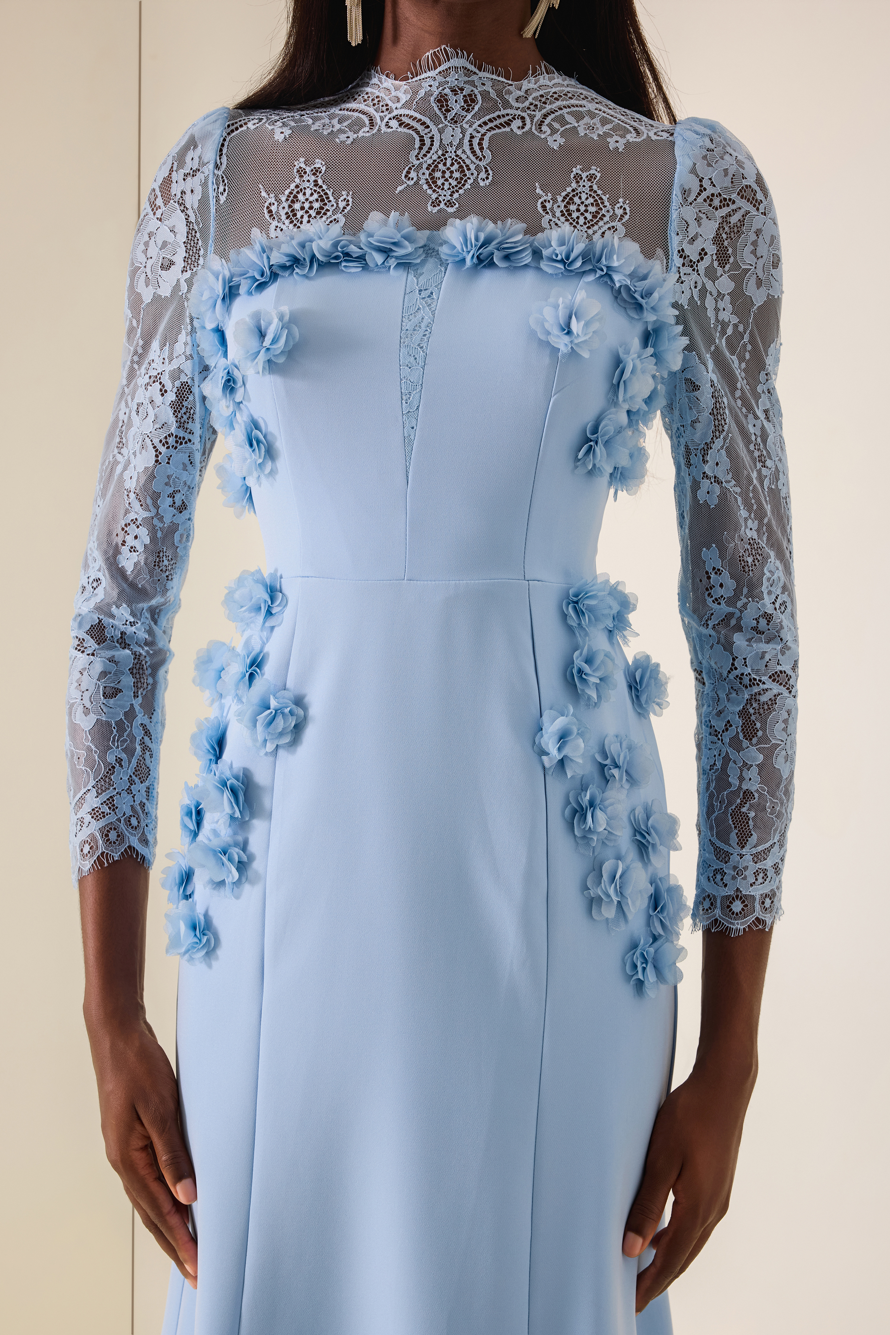 3D Flower Lace Long Sleeve Midi Dress