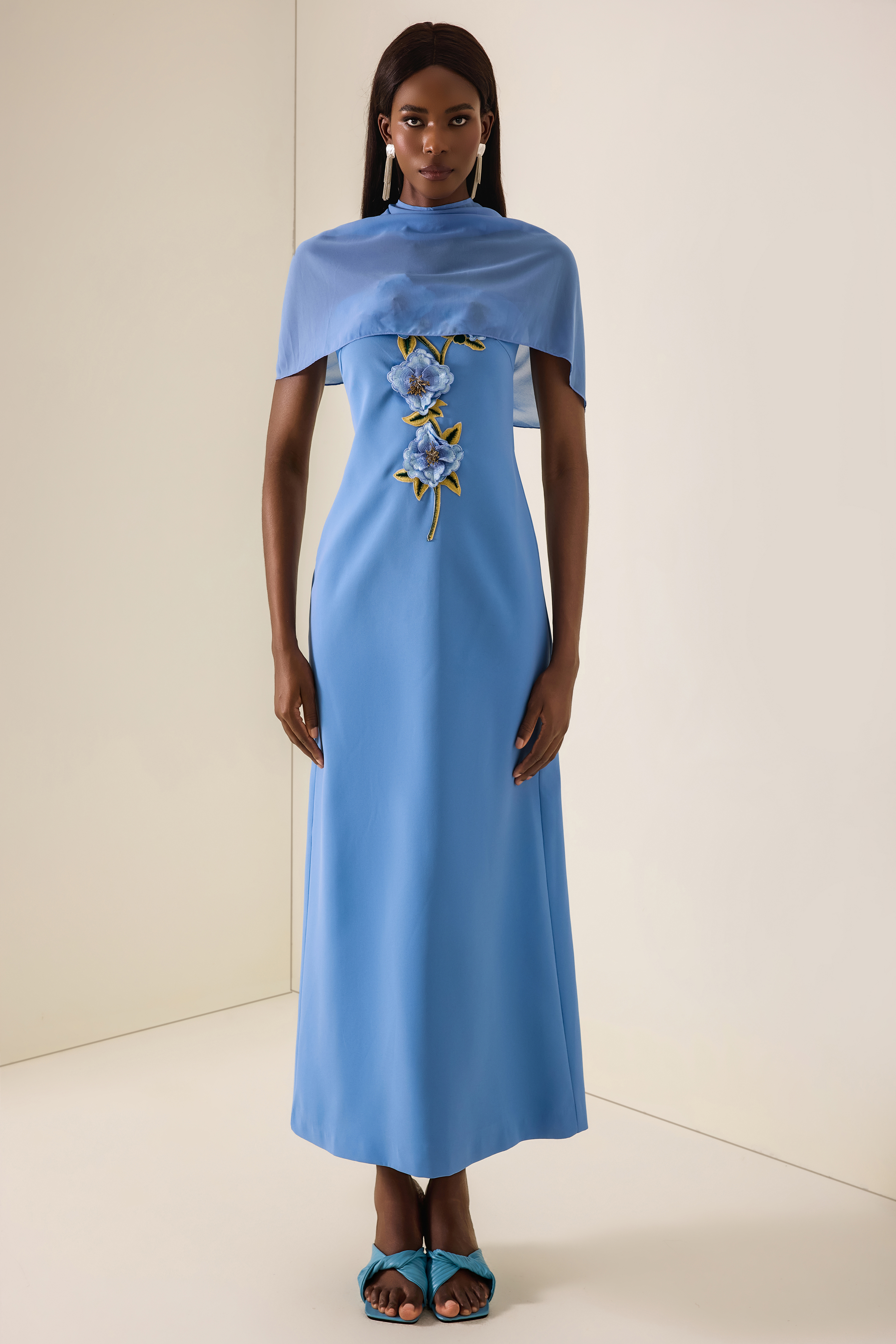 Embroidered Strapless Maxi Dress With Cape