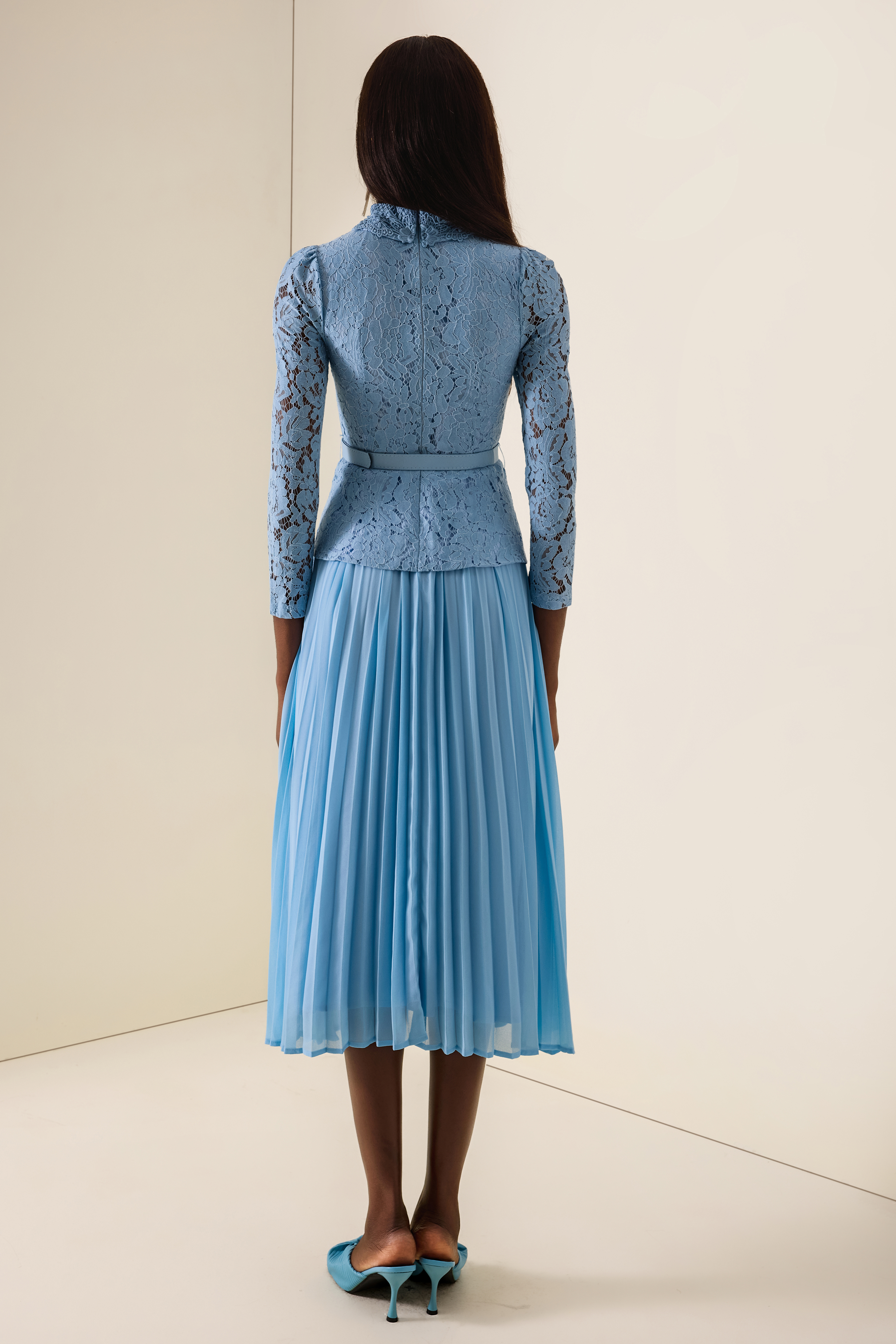 Lace Button Pleated Midi Dress