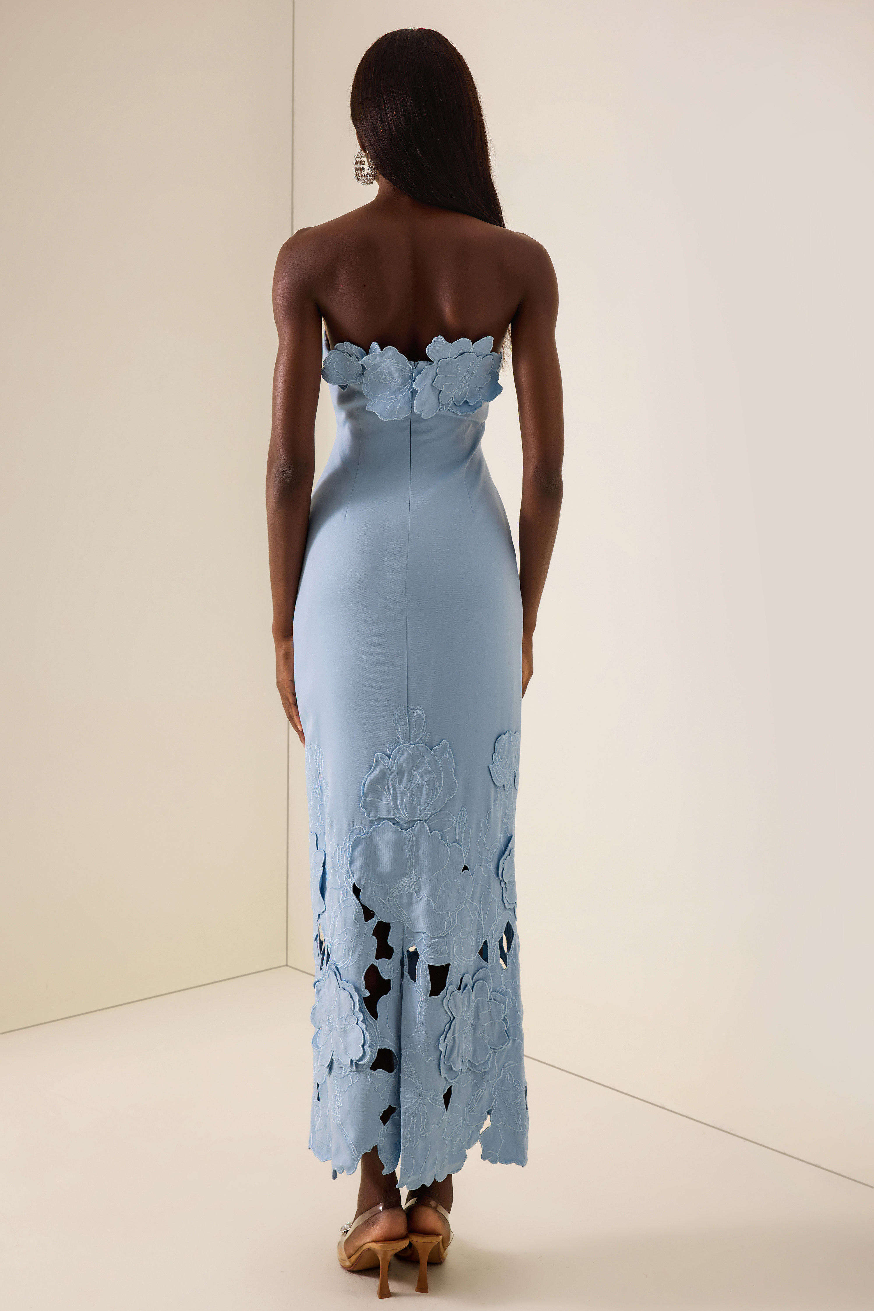 Off-Shoulder Floral Appliquéd Midi Dress