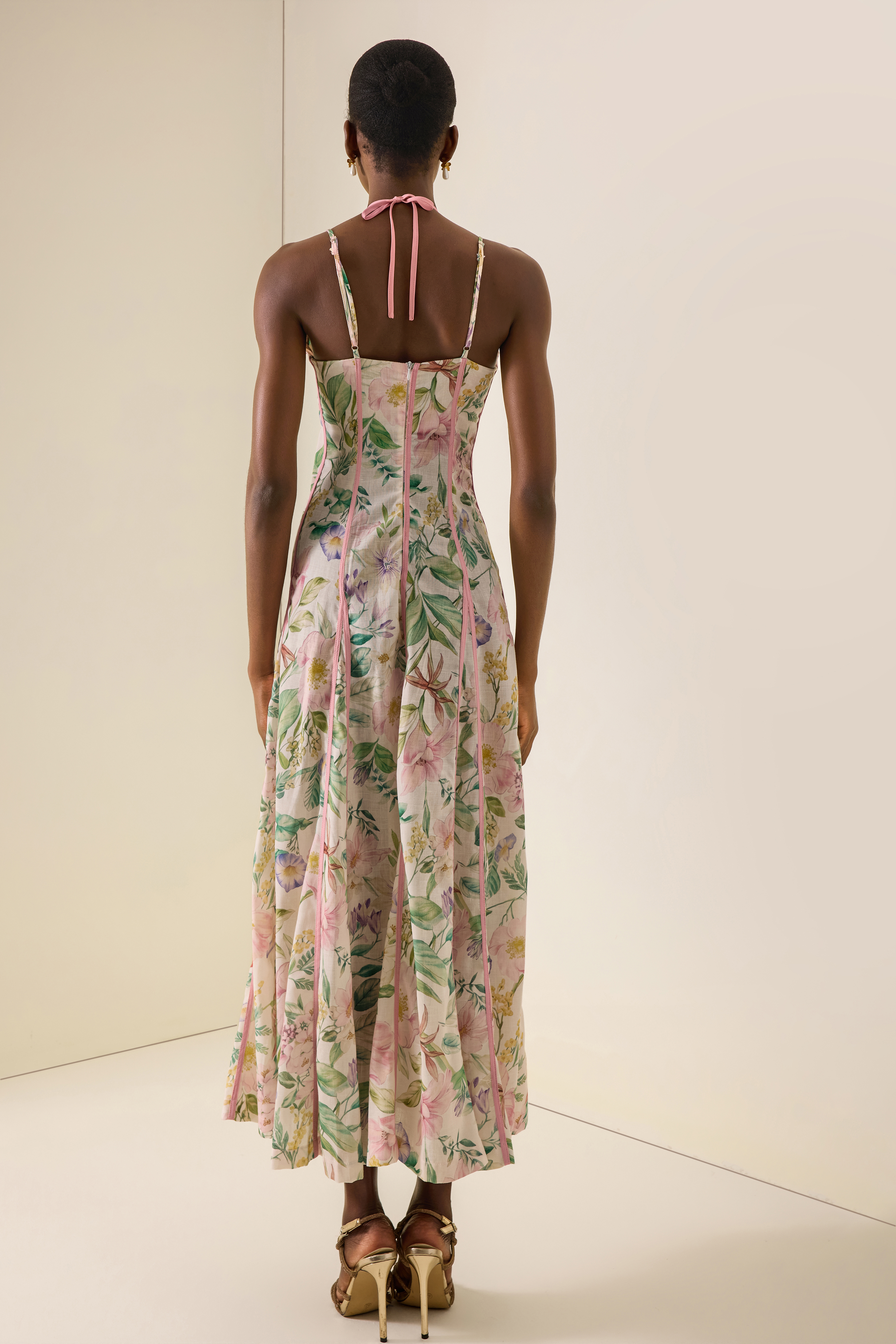 Floral Lace-Up Sweetheart Neck Midi Dress